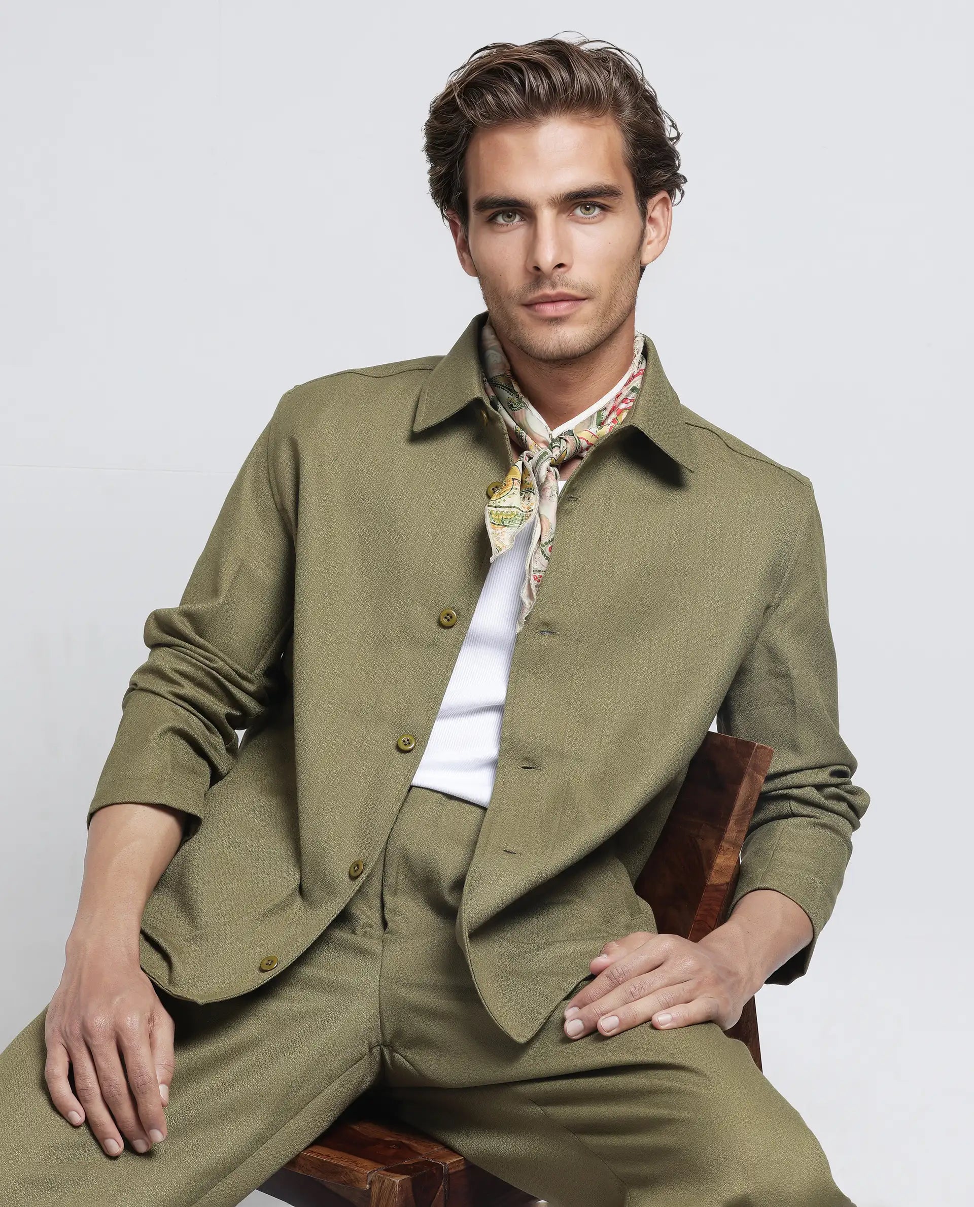 Rare Rabbit Men Aront Olive Polyester Fabric Full Sleeve Collared Neck Button Closure Plain Jacket
