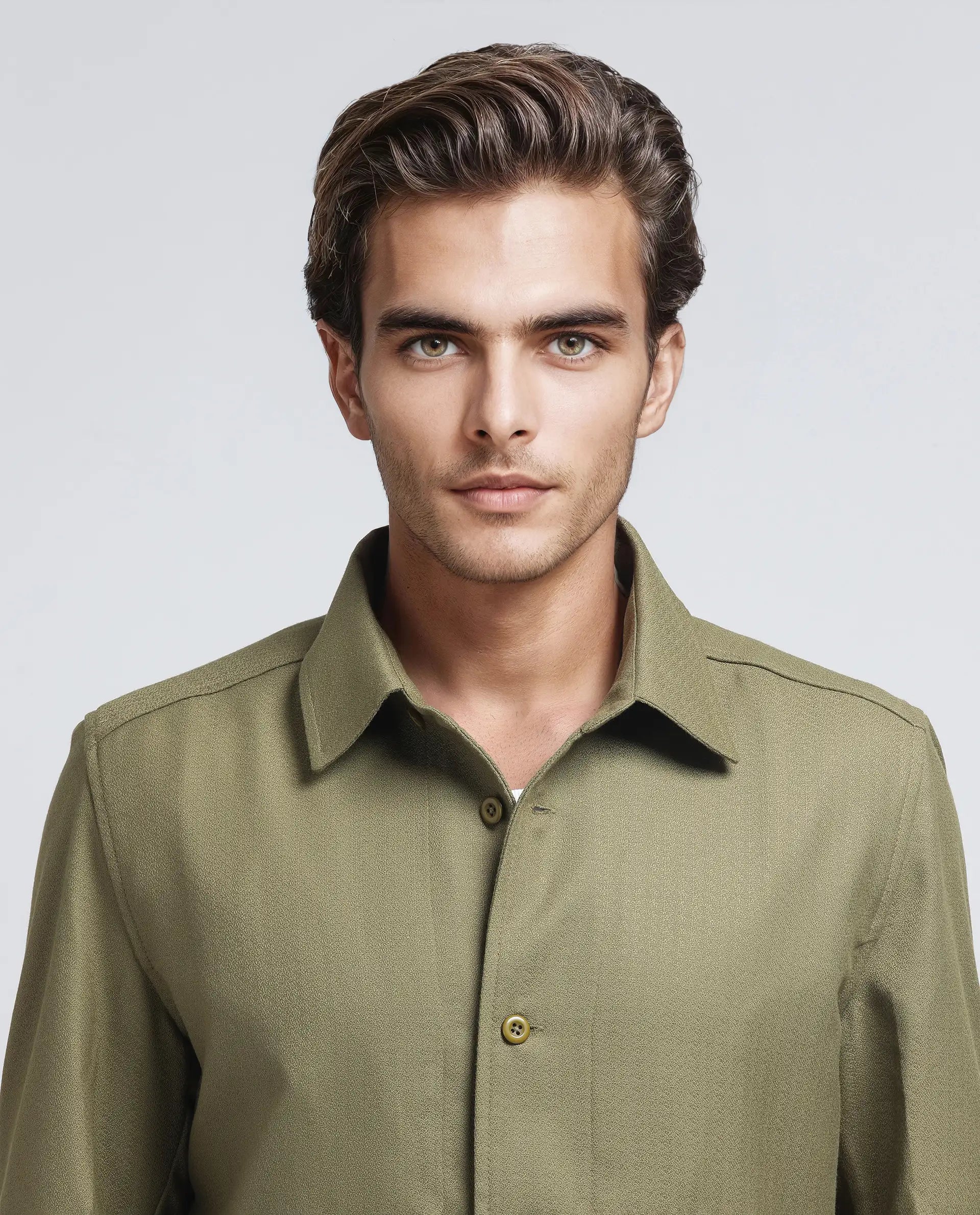 Rare Rabbit Men Aront Olive Polyester Fabric Full Sleeve Collared Neck Button Closure Plain Jacket