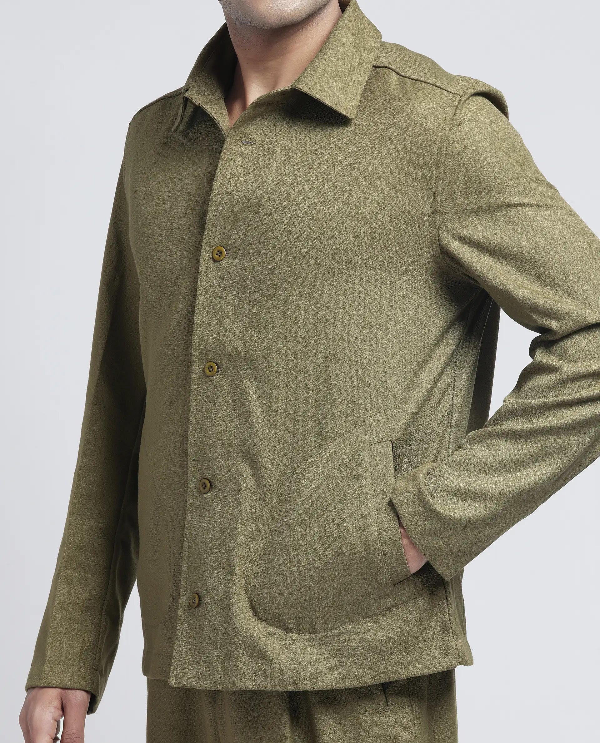 Rare Rabbit Men Aront Olive Polyester Fabric Full Sleeve Collared Neck Button Closure Plain Jacket