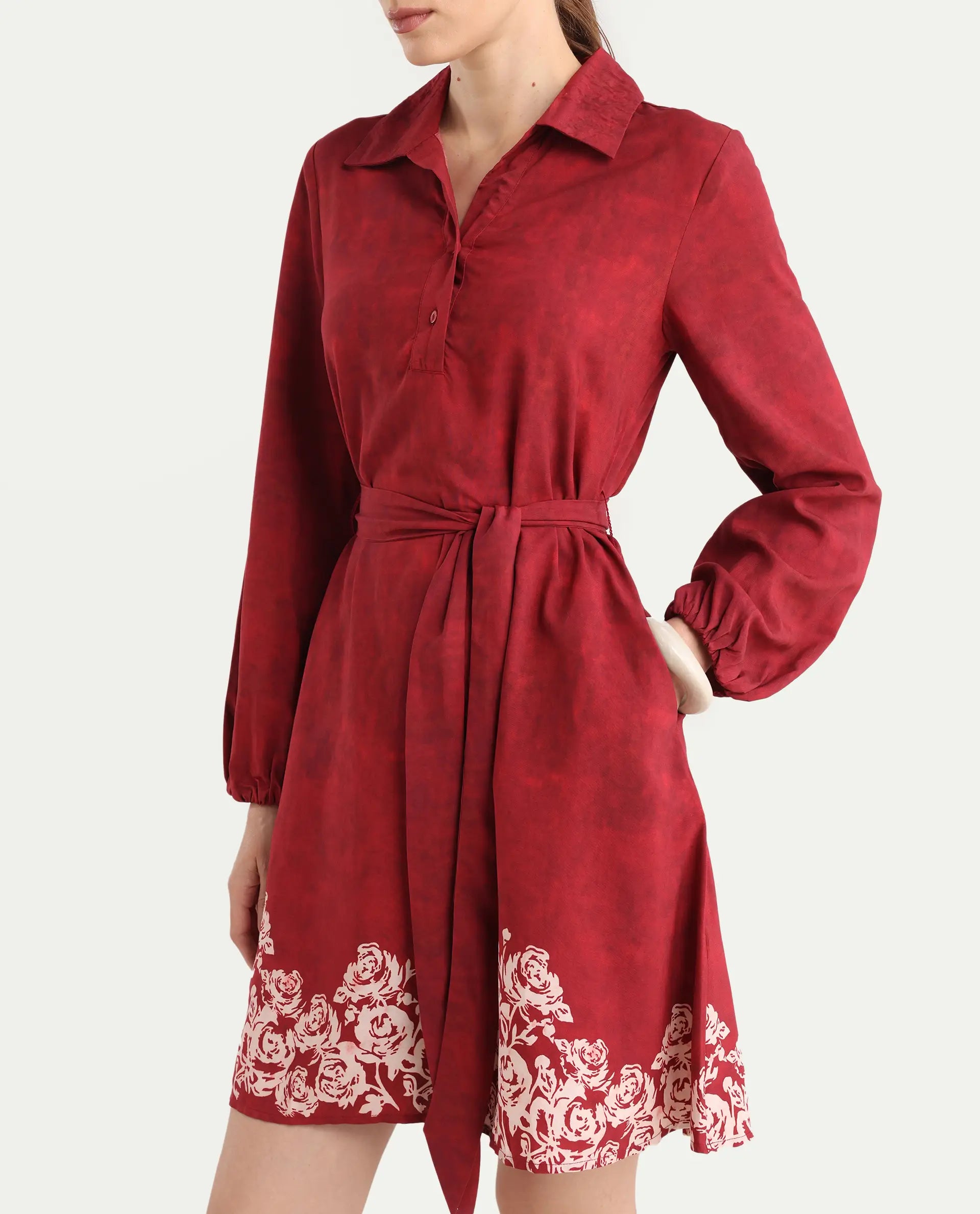 Rareism Women's Arot Dark Red Viscose Spread Collar A-Line Floral Print Dress