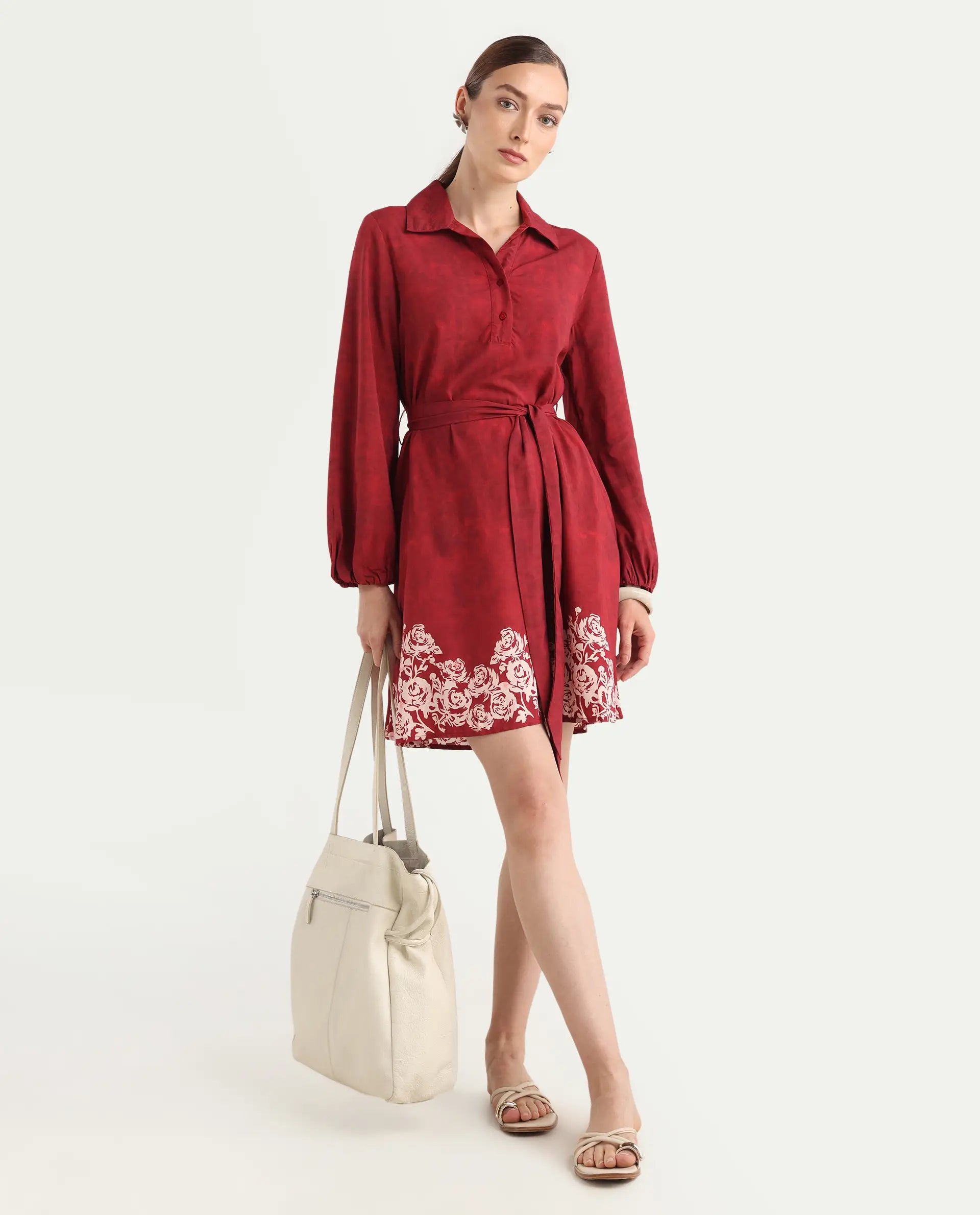 Rareism Women's Arot Dark Red Viscose Spread Collar A-Line Floral Print Dress