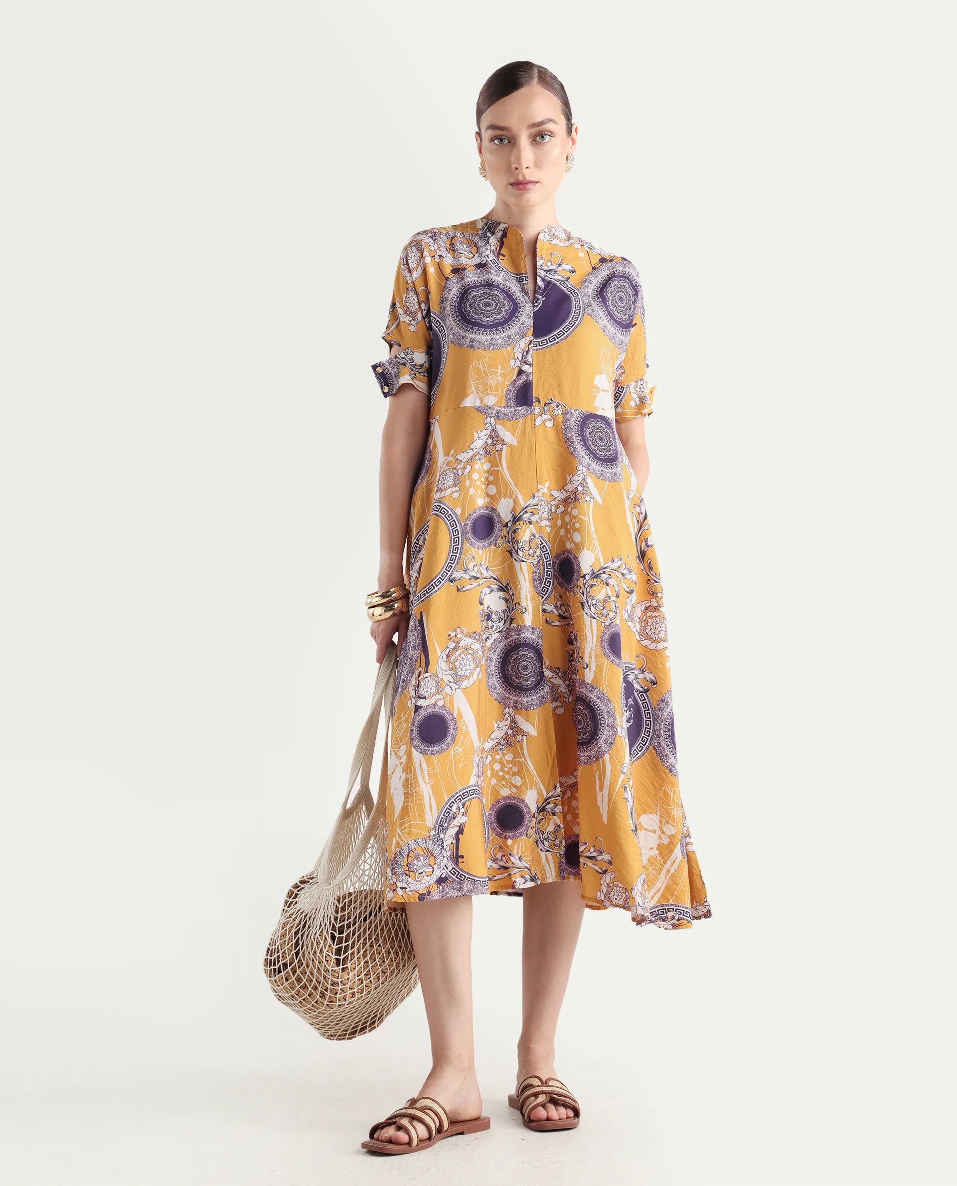 Rareism Women's Artash Yellow Nylon Blend Drop Collar Bandana Print Cutout Sleeve Midi A-Line Dress