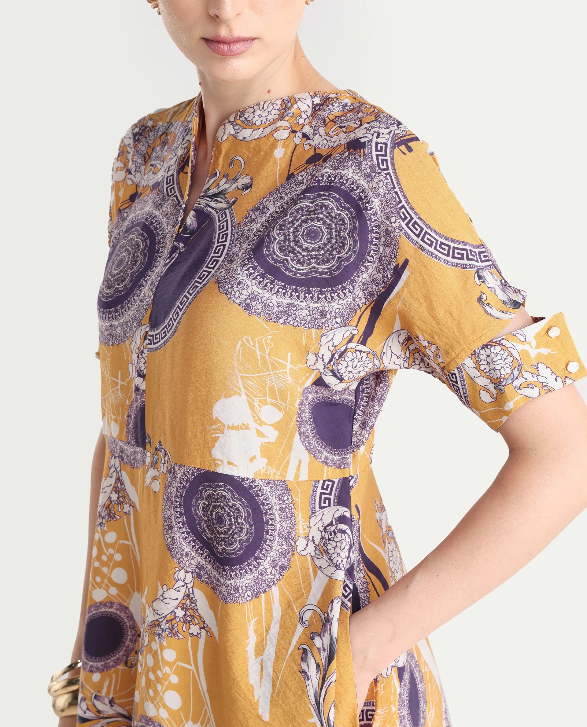 Rareism Women's Artash Yellow Nylon Blend Drop Collar Bandana Print Cutout Sleeve Midi A-Line Dress