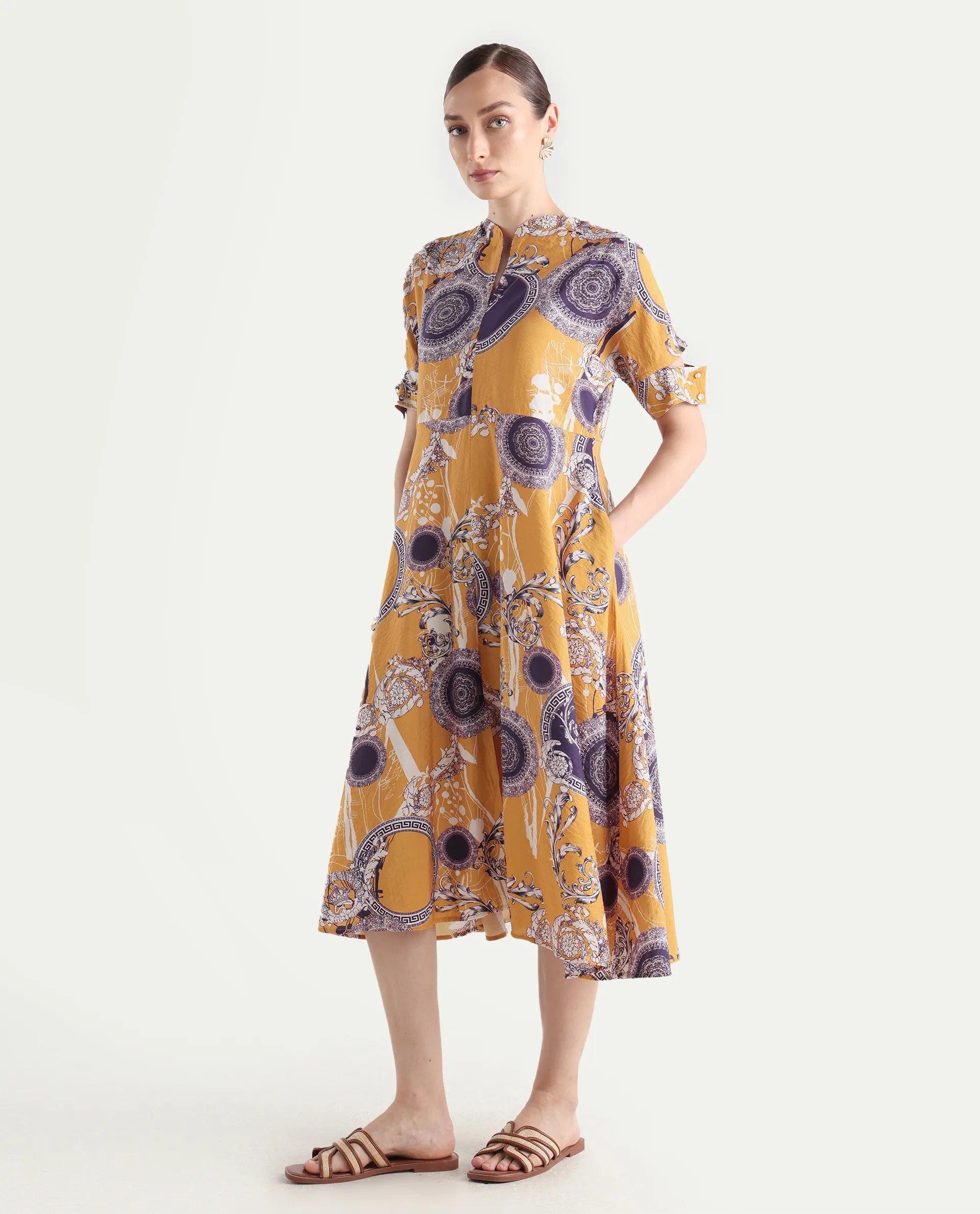 Rareism Women's Artash Yellow Nylon Blend Drop Collar Bandana Print Cutout Sleeve Midi A-Line Dress