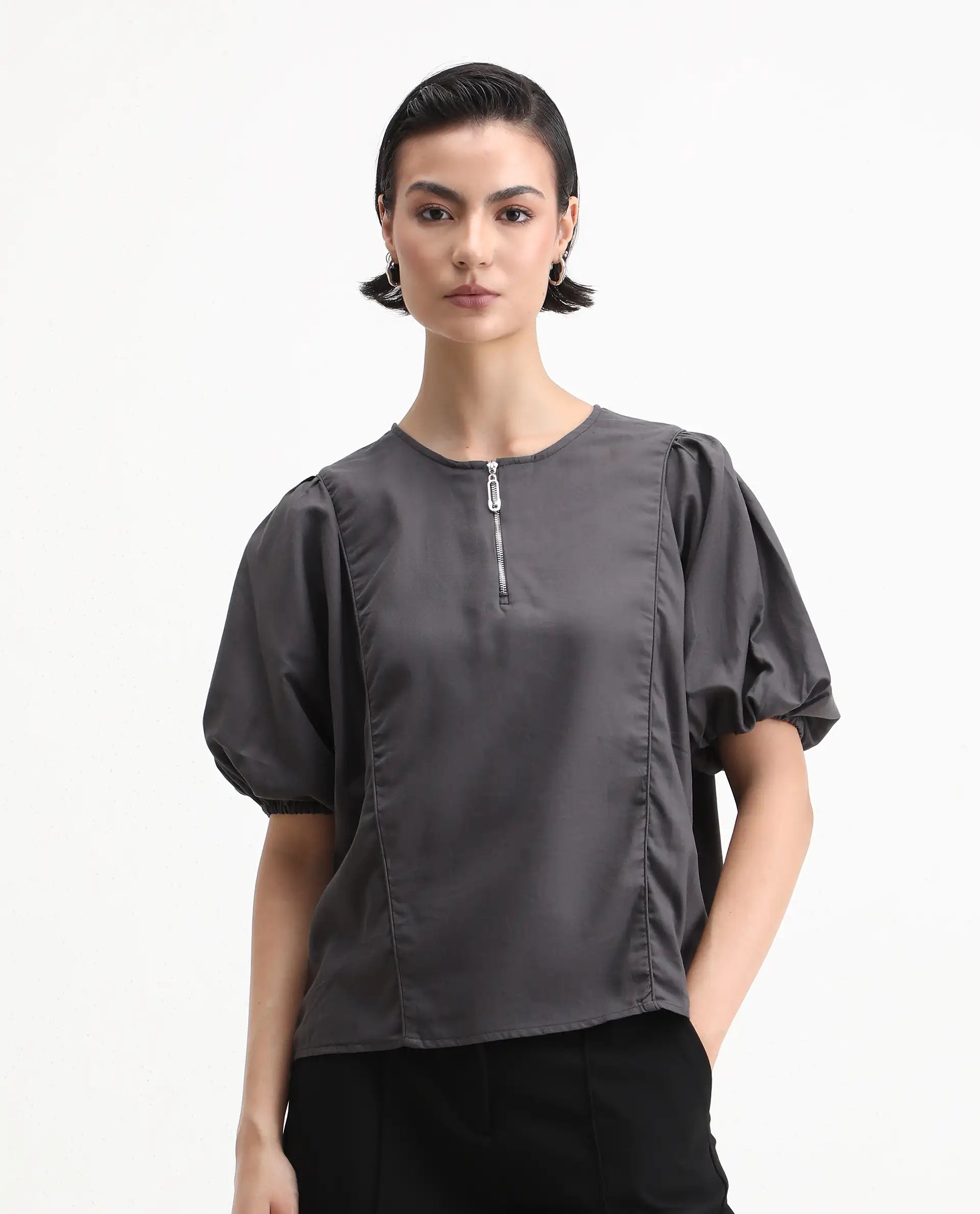 Rareism Women's Artemis Grey Cotton Blend Crew Neck Plain Kimono Sleeve Regular Fit Top