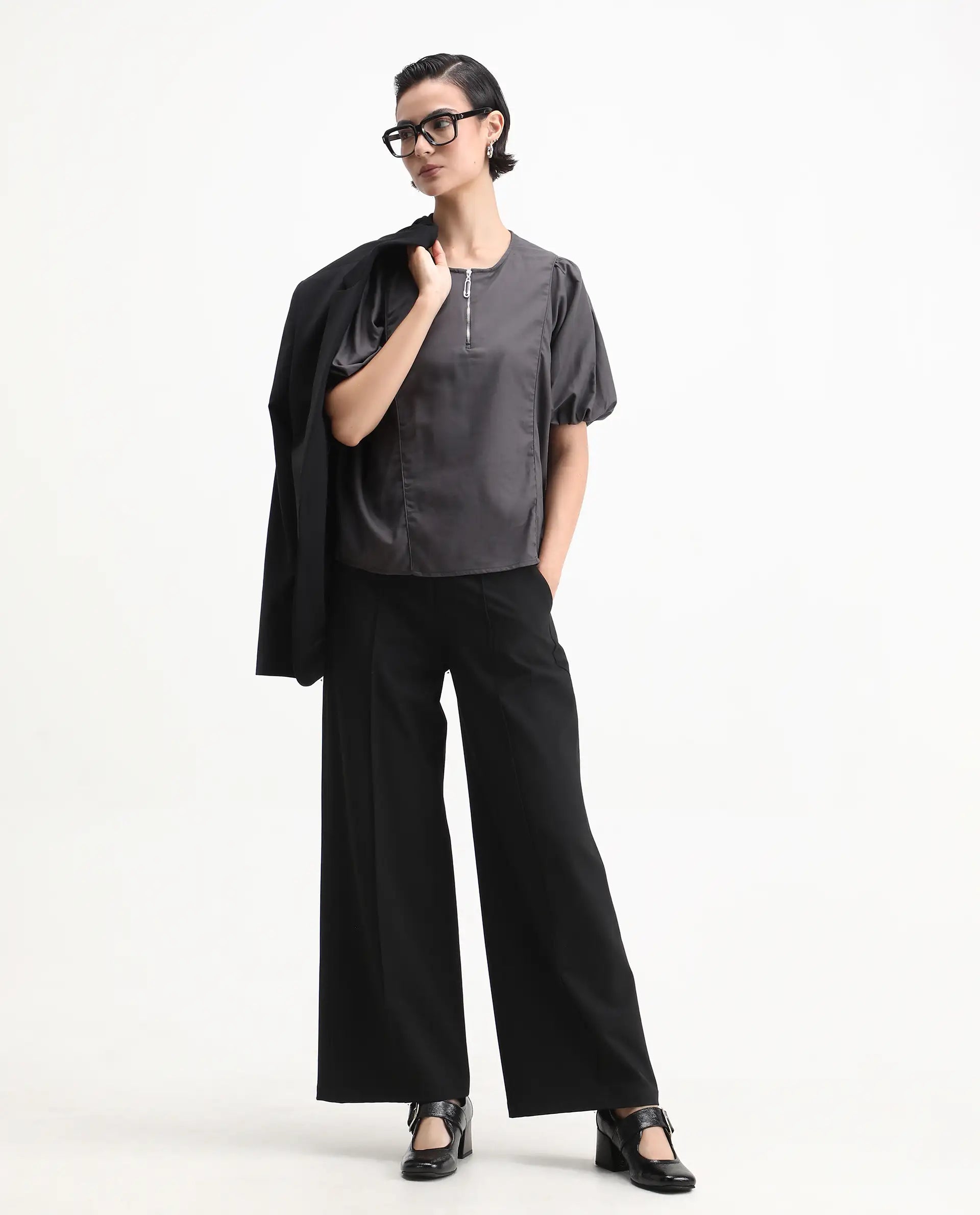 Rareism Women's Artemis Grey Cotton Blend Crew Neck Plain Kimono Sleeve Regular Fit Top