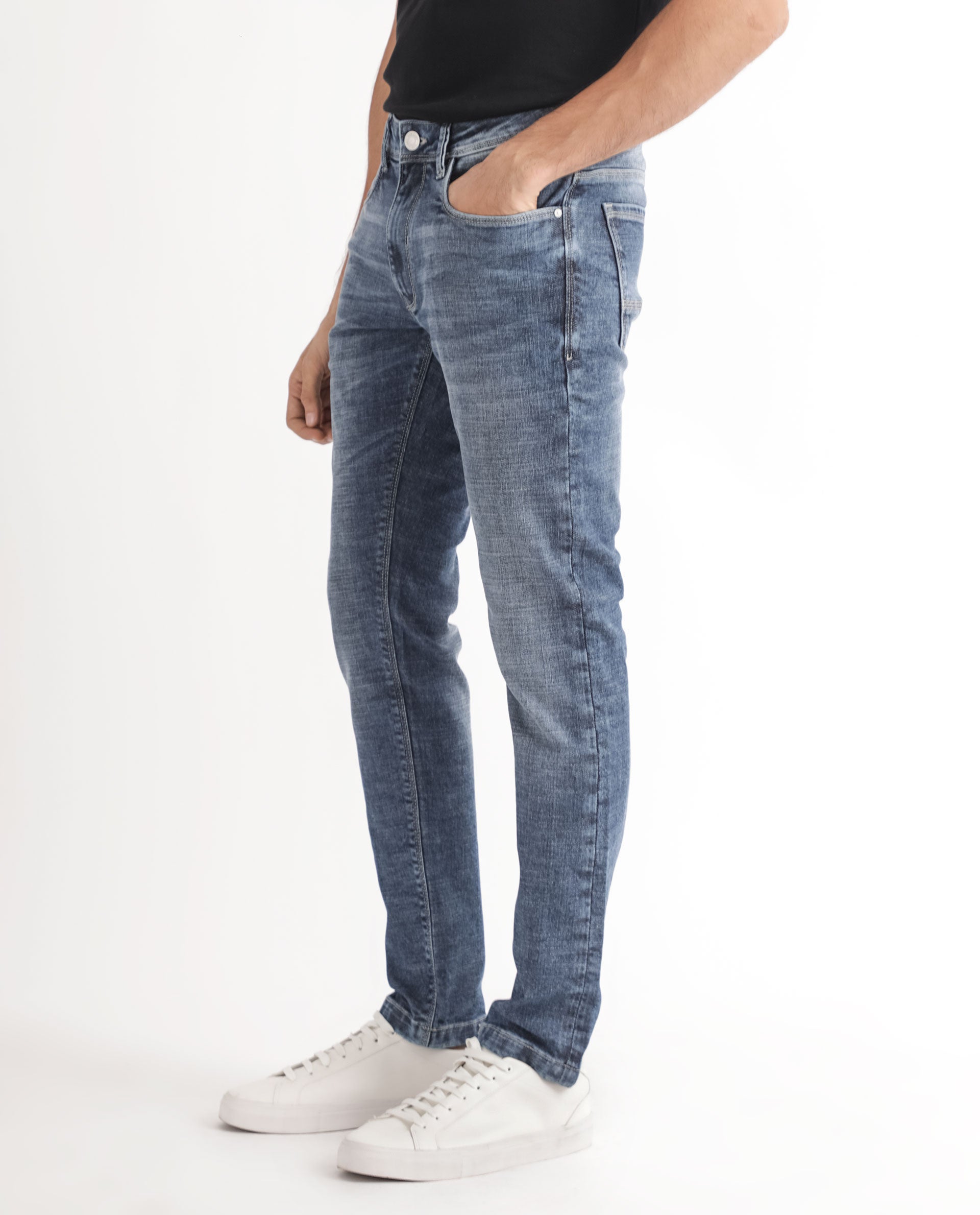 Rare Rabbit Men's Arten Blue Mid Wash Mid-Rise Cross Hatch Slim Fit Jeans