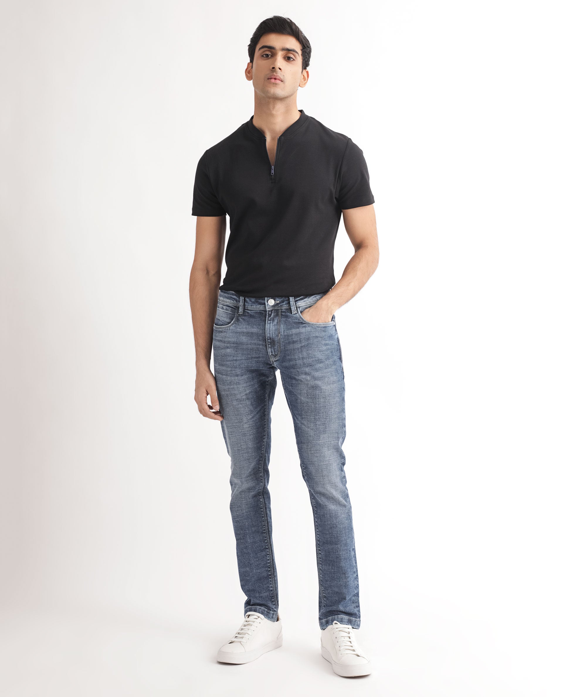 Rare Rabbit Men's Arten Blue Mid Wash Mid-Rise Cross Hatch Slim Fit Jeans