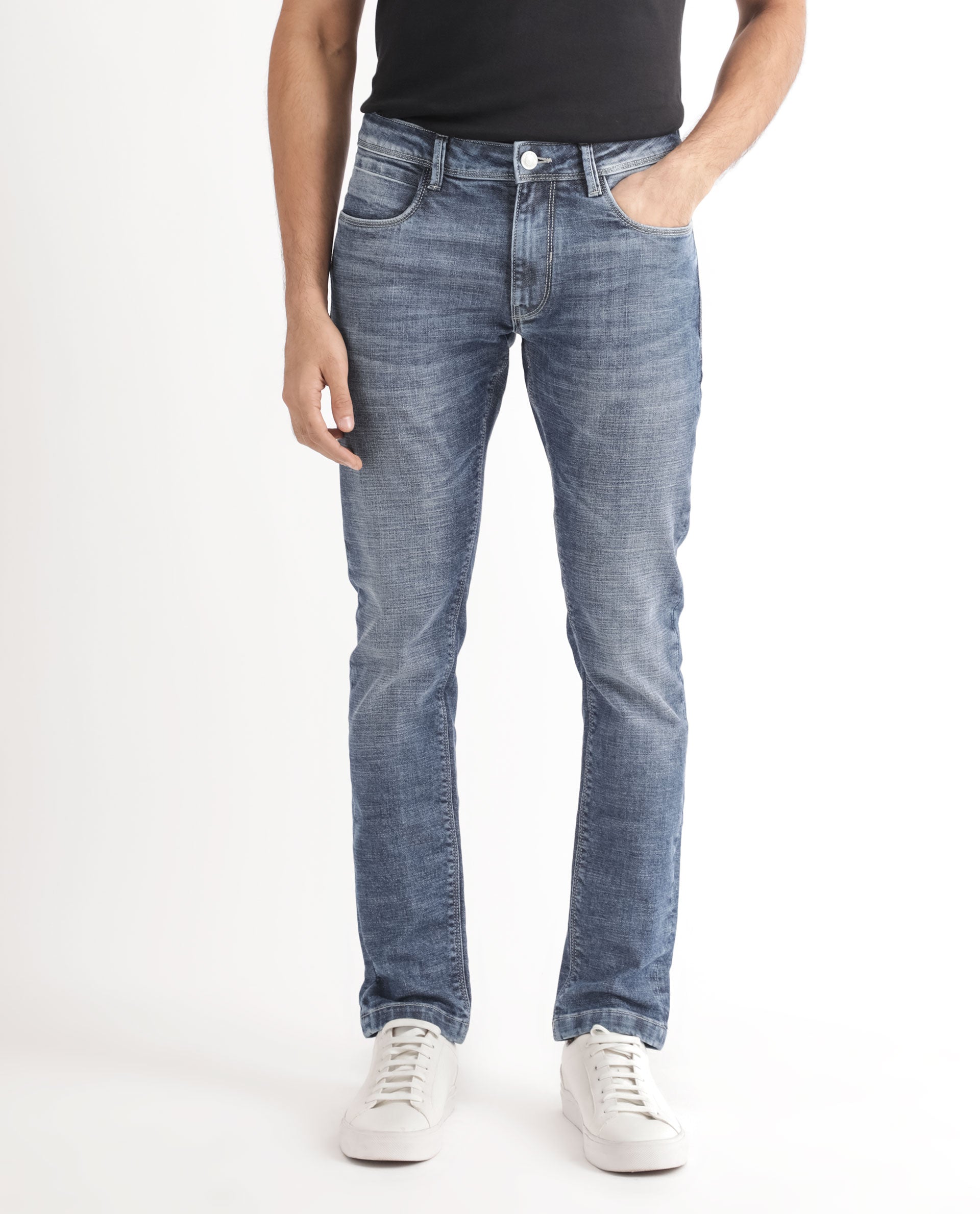 Rare Rabbit Men's Arten Blue Mid Wash Mid-Rise Cross Hatch Slim Fit Jeans