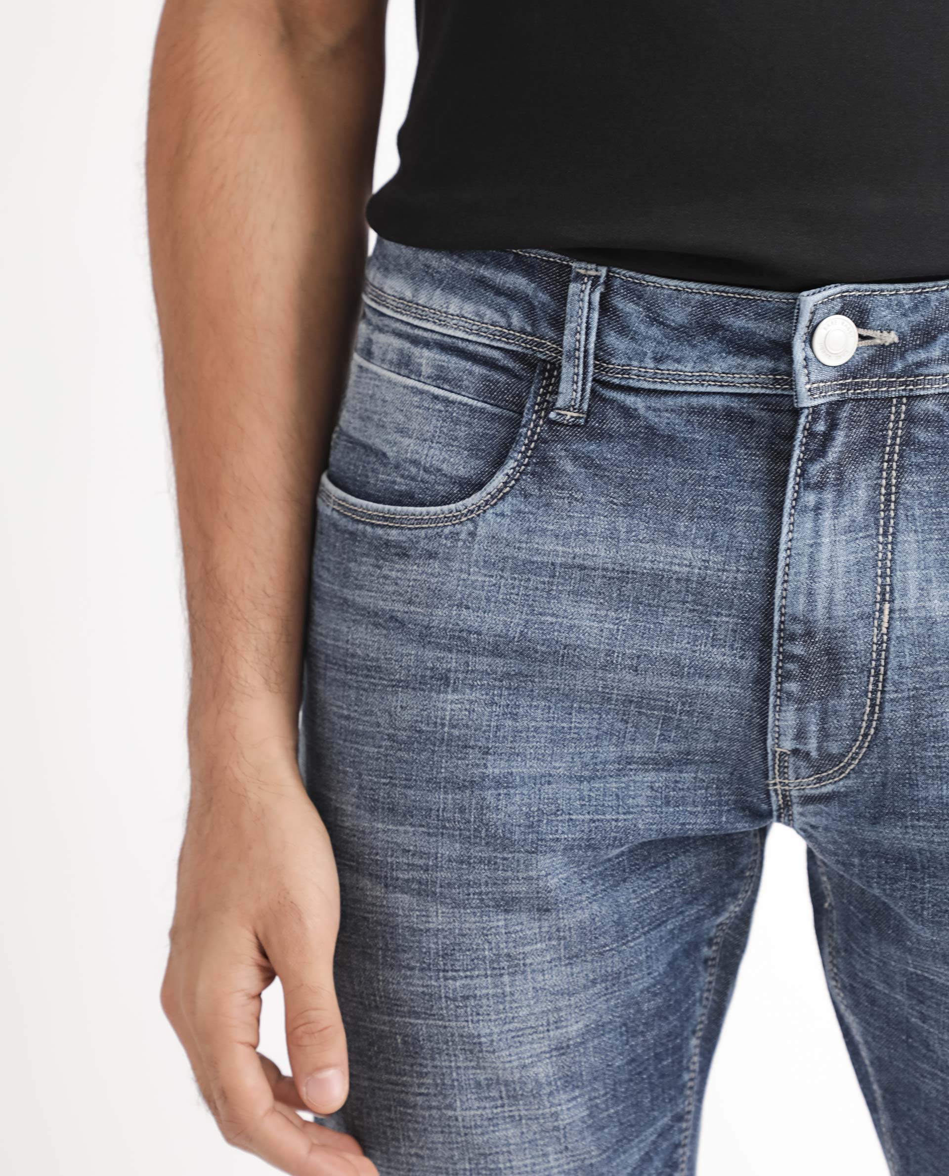 Rare Rabbit Men's Arten Blue Mid Wash Mid-Rise Cross Hatch Slim Fit Jeans