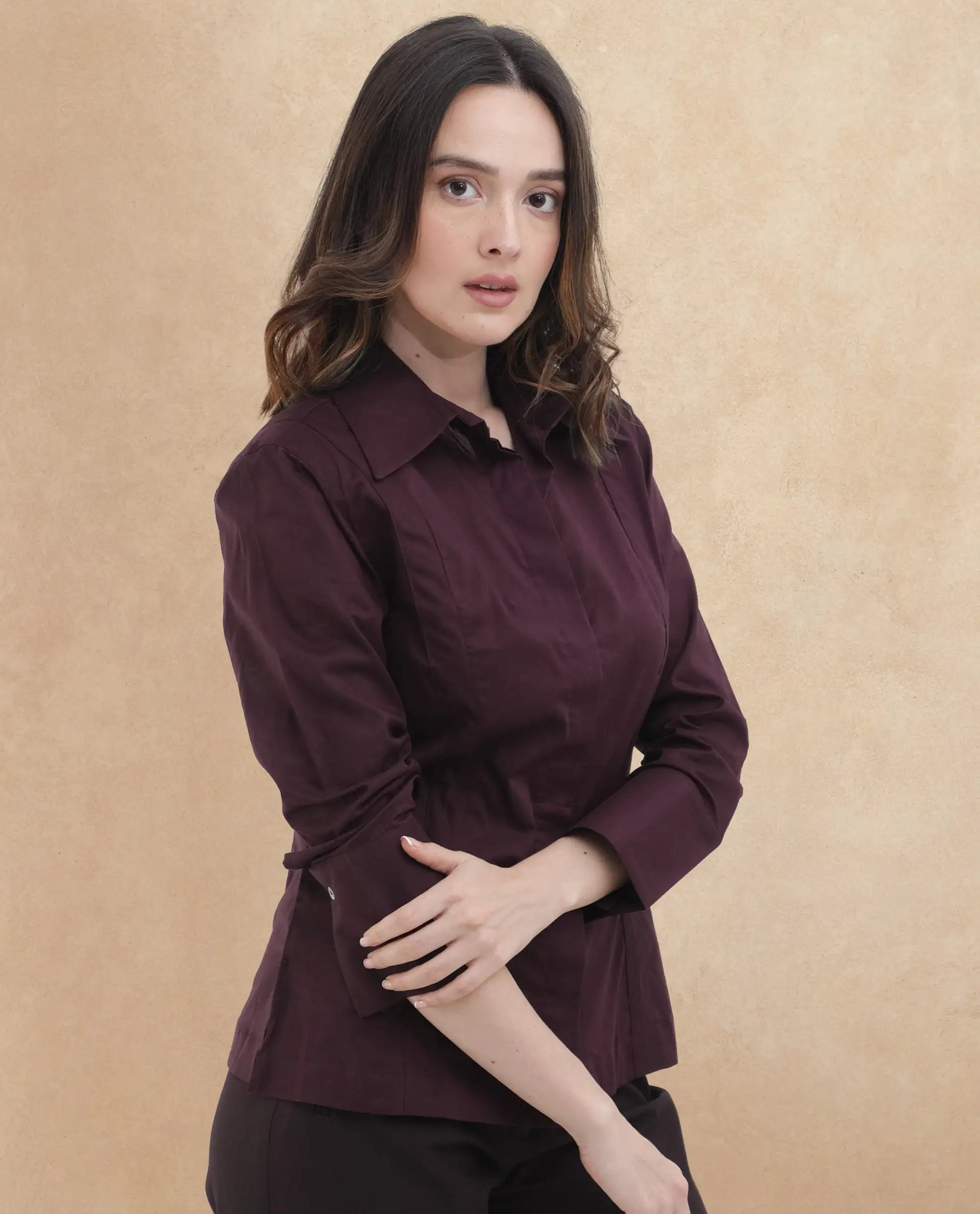 Rareism Women's Arthur Dark Purple Cotton Drop Collar Plain Cuffed Sleeve Regular Fit Shirt