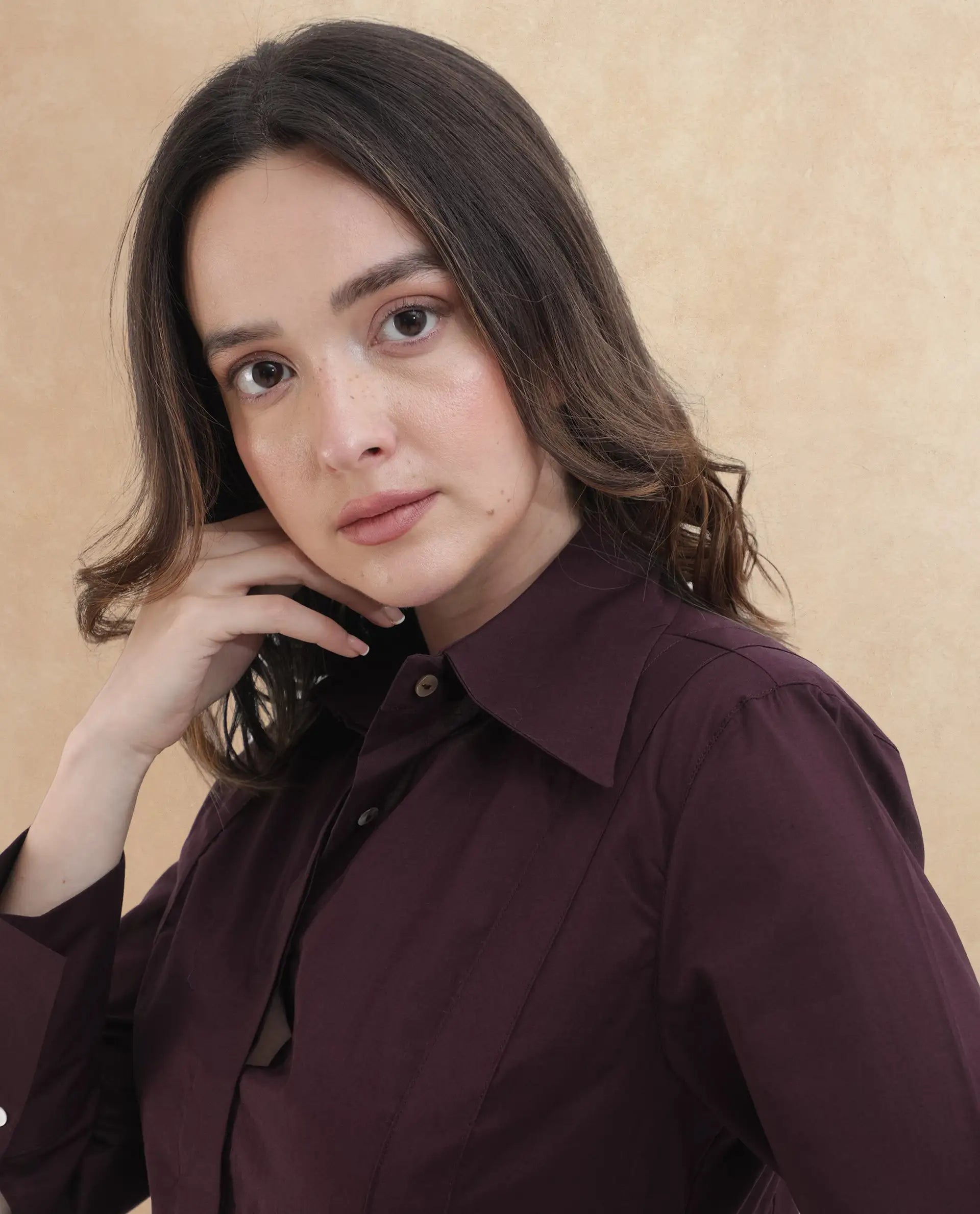 Rareism Women's Arthur Dark Purple Cotton Drop Collar Plain Cuffed Sleeve Regular Fit Shirt