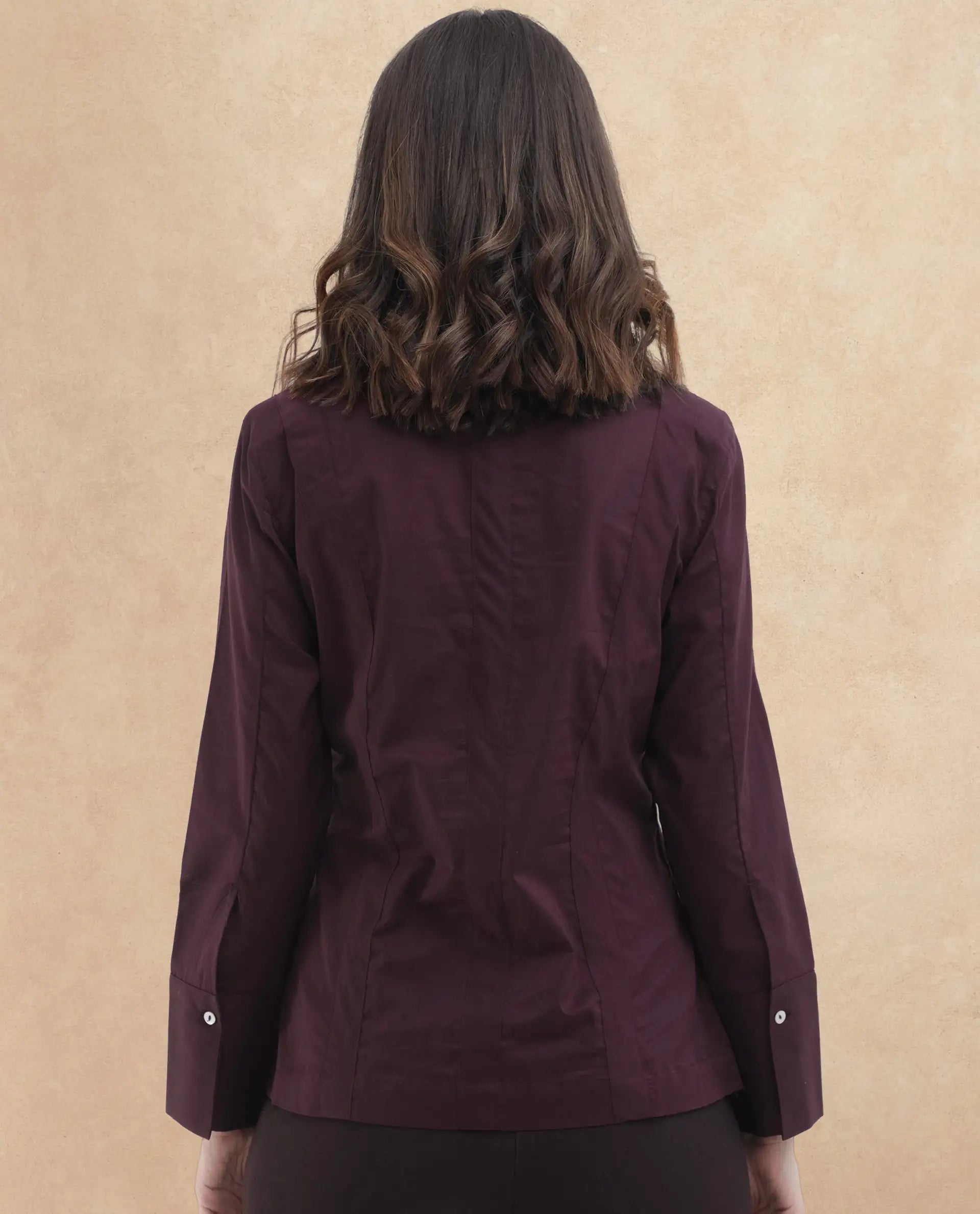 Rareism Women's Arthur Dark Purple Cotton Drop Collar Plain Cuffed Sleeve Regular Fit Shirt