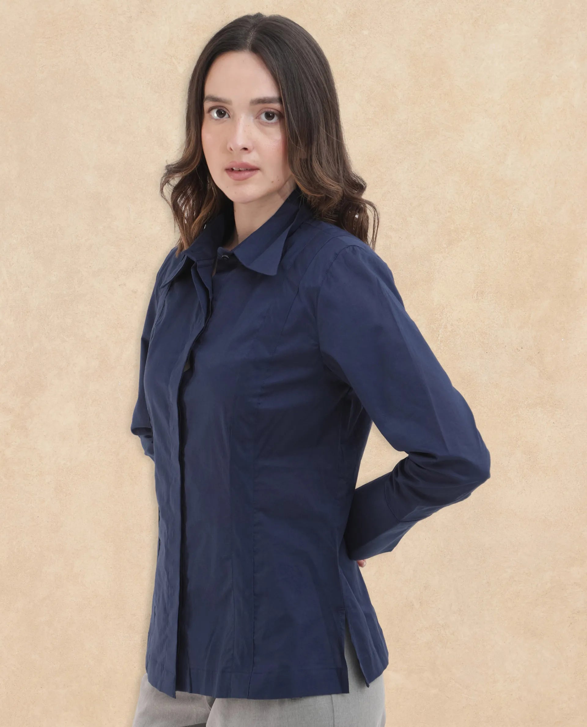 Rareism Women Arthur Navy Cotton Fabric Full Sleeves Button Closure Shirt Collar Cuffed Sleeve Regular Fit Plain Shirt