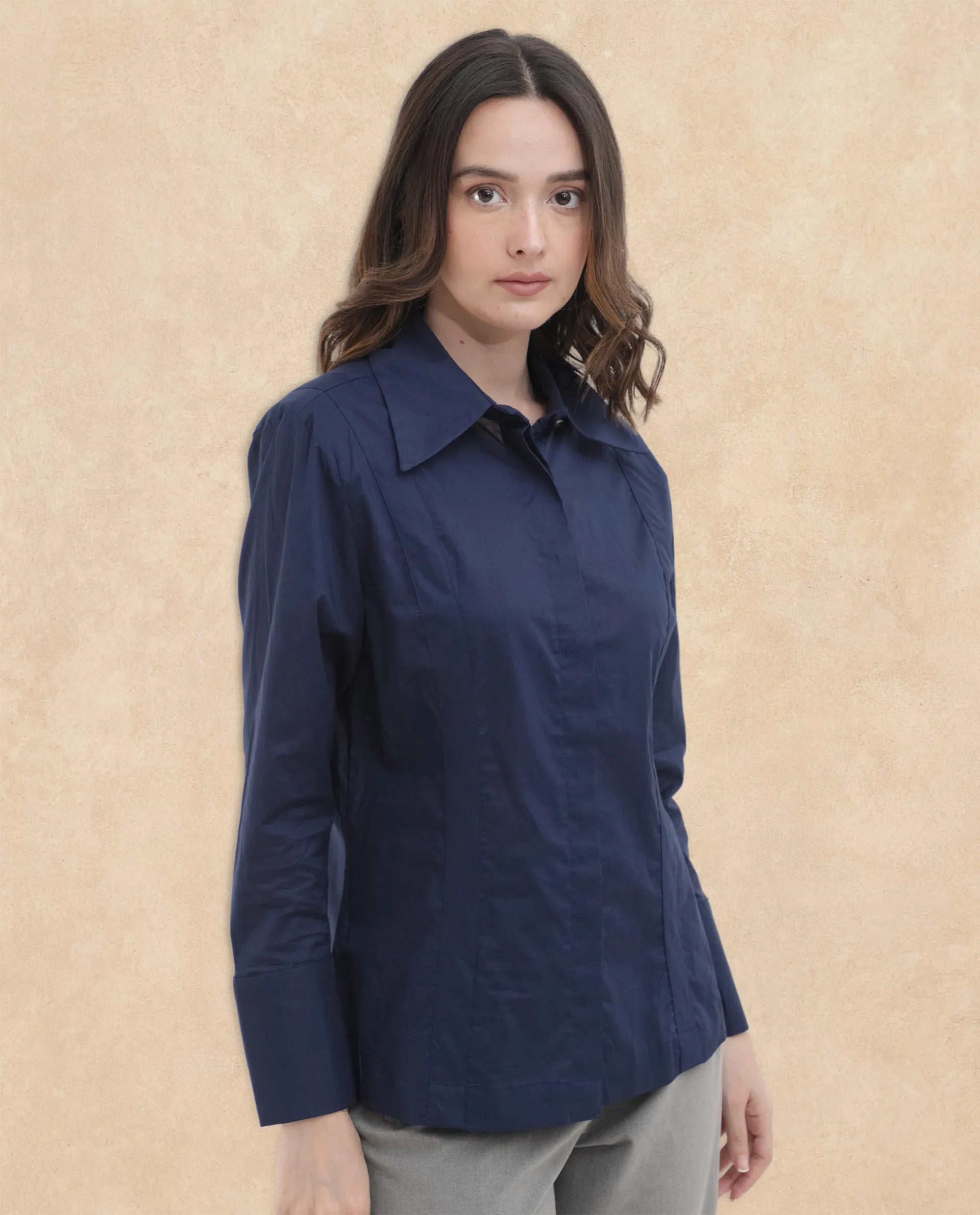 Rareism Women Arthur Navy Cotton Fabric Full Sleeves Button Closure Shirt Collar Cuffed Sleeve Regular Fit Plain Shirt