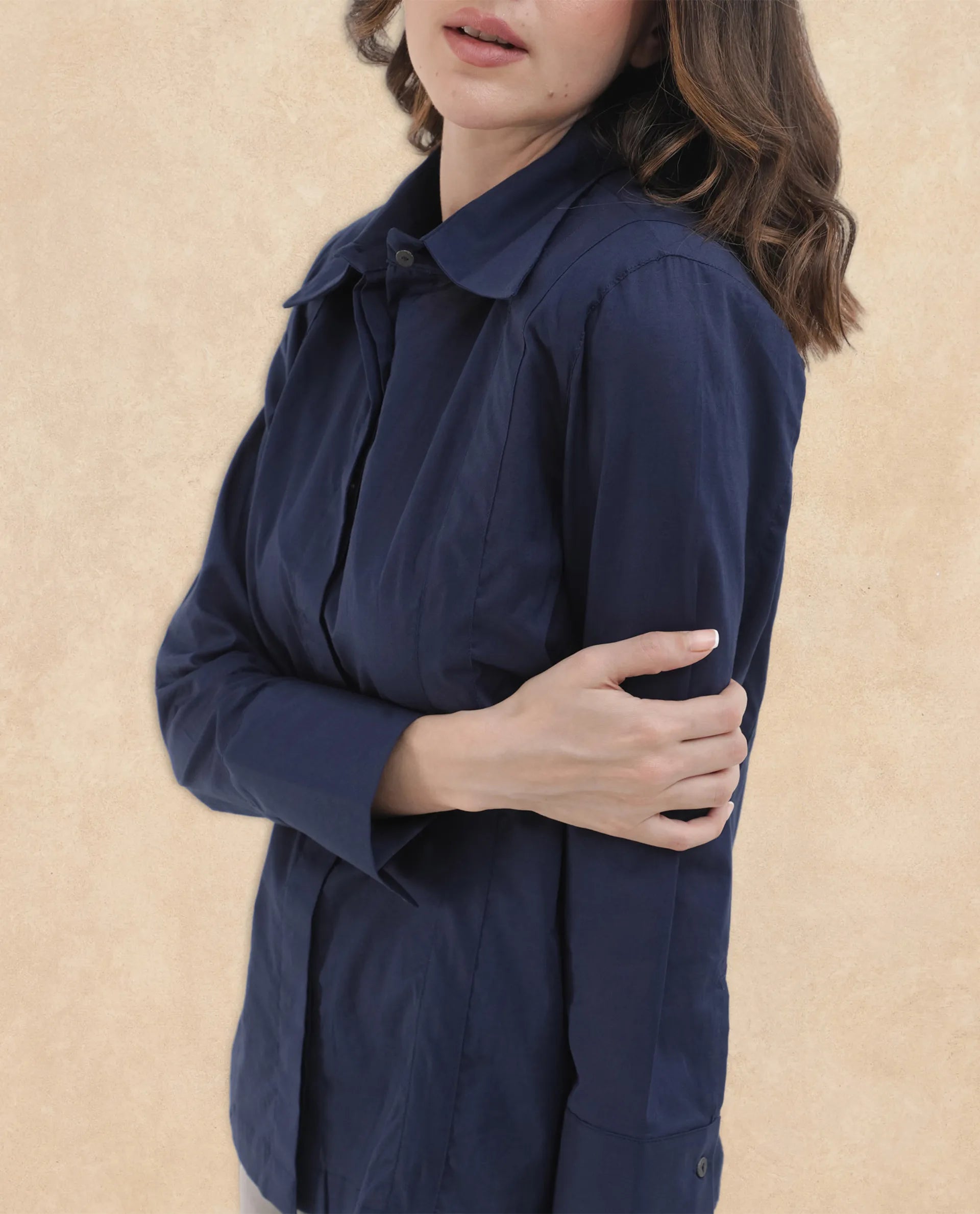 Rareism Women Arthur Navy Cotton Fabric Full Sleeves Button Closure Shirt Collar Cuffed Sleeve Regular Fit Plain Shirt