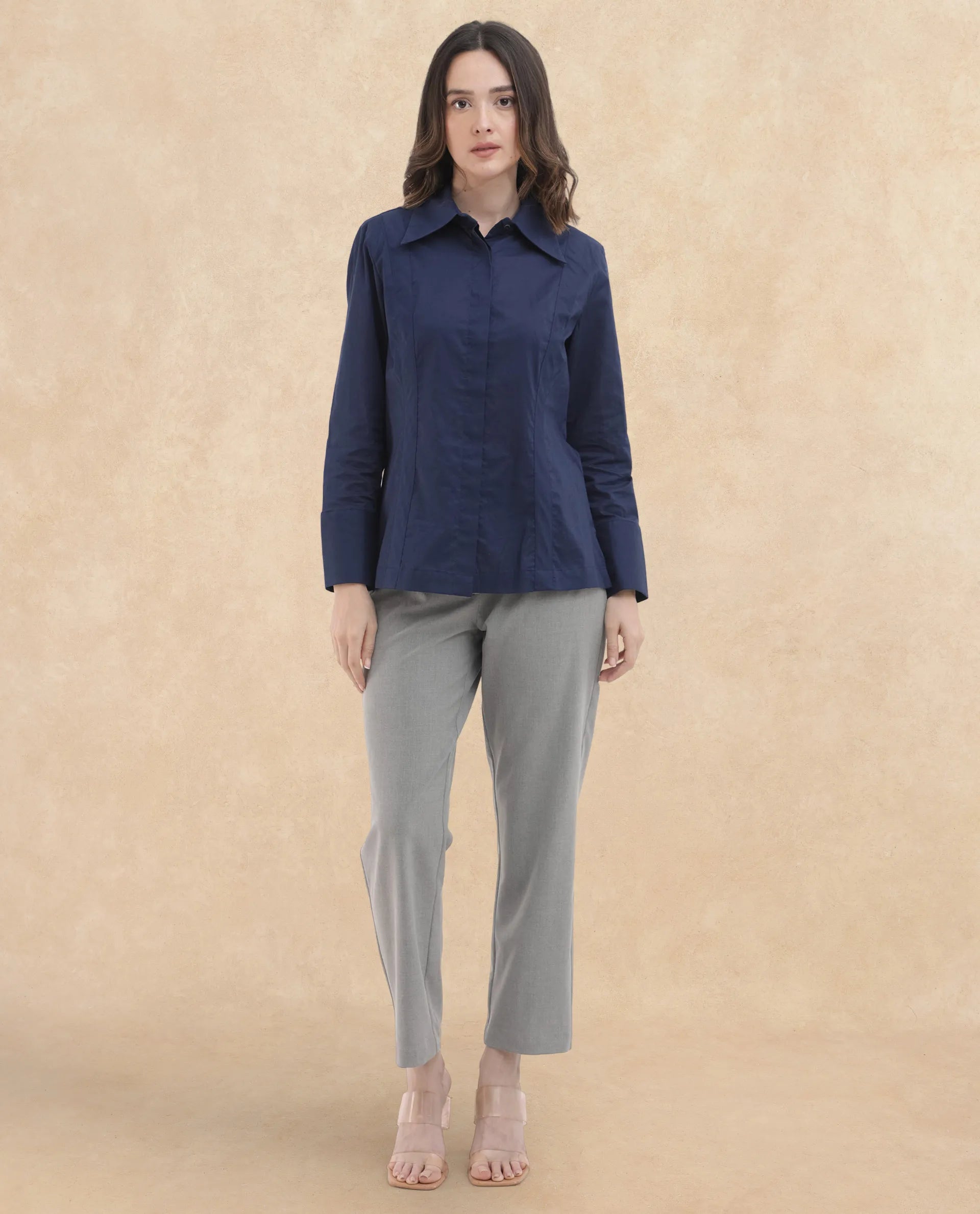 Rareism Women Arthur Navy Cotton Fabric Full Sleeves Button Closure Shirt Collar Cuffed Sleeve Regular Fit Plain Shirt