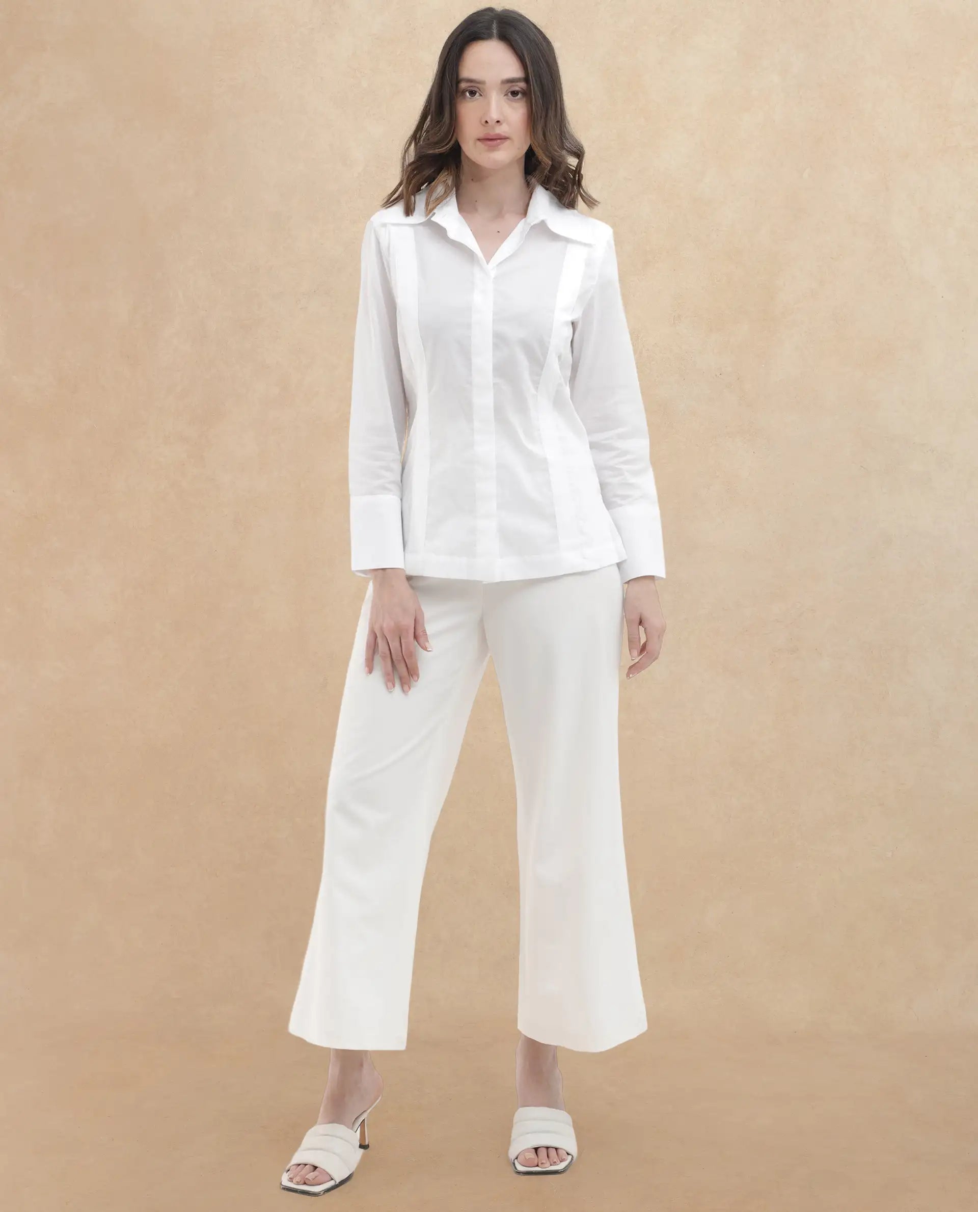 Rareism Women's Arthur White Cotton Drop Collar Plain Cuffed Sleeve Regular Fit Shirt