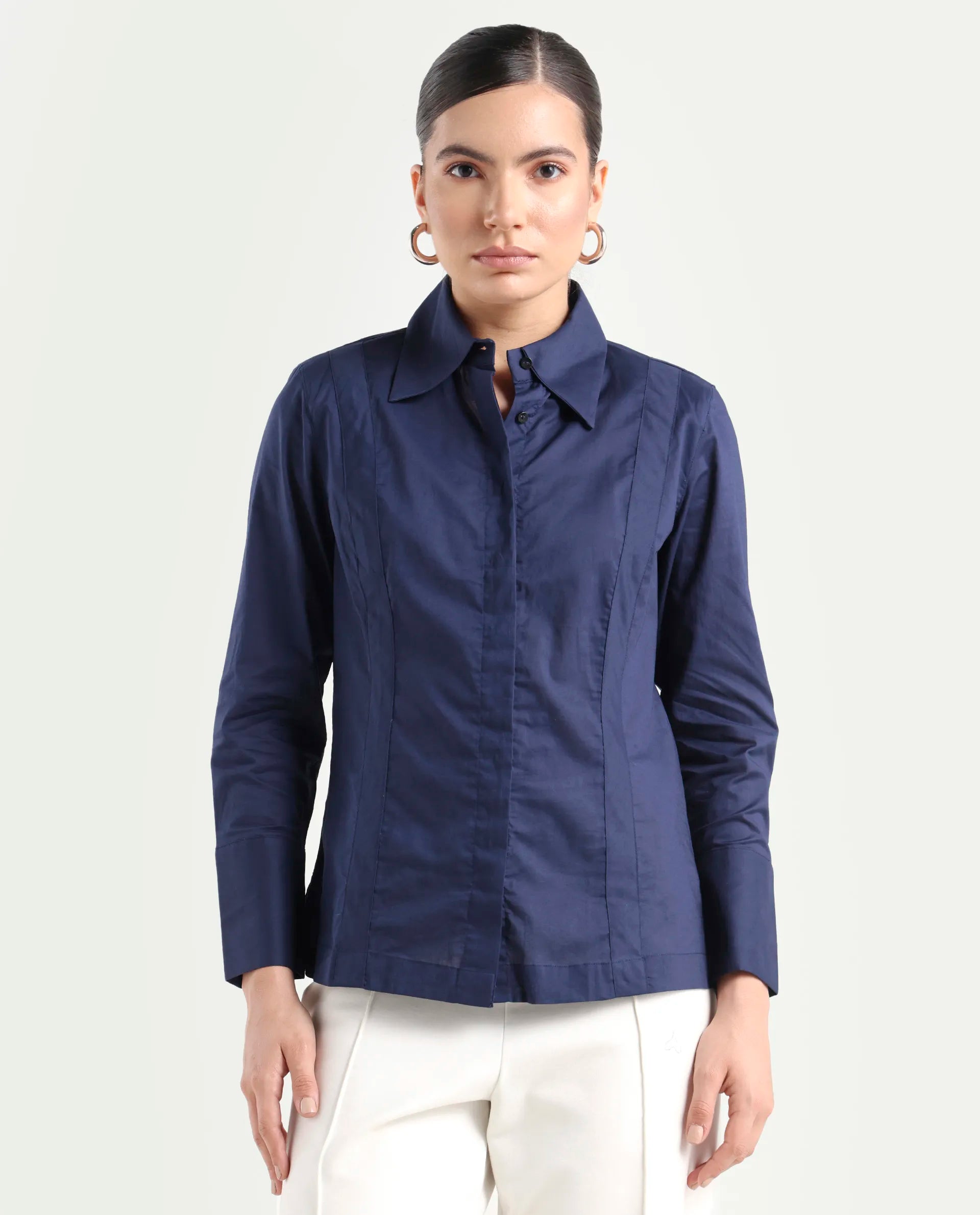 Rareism Women's Arthur Navy Cotton Drop Collar Plain Cuffed Sleeve Regular Fit Shirt