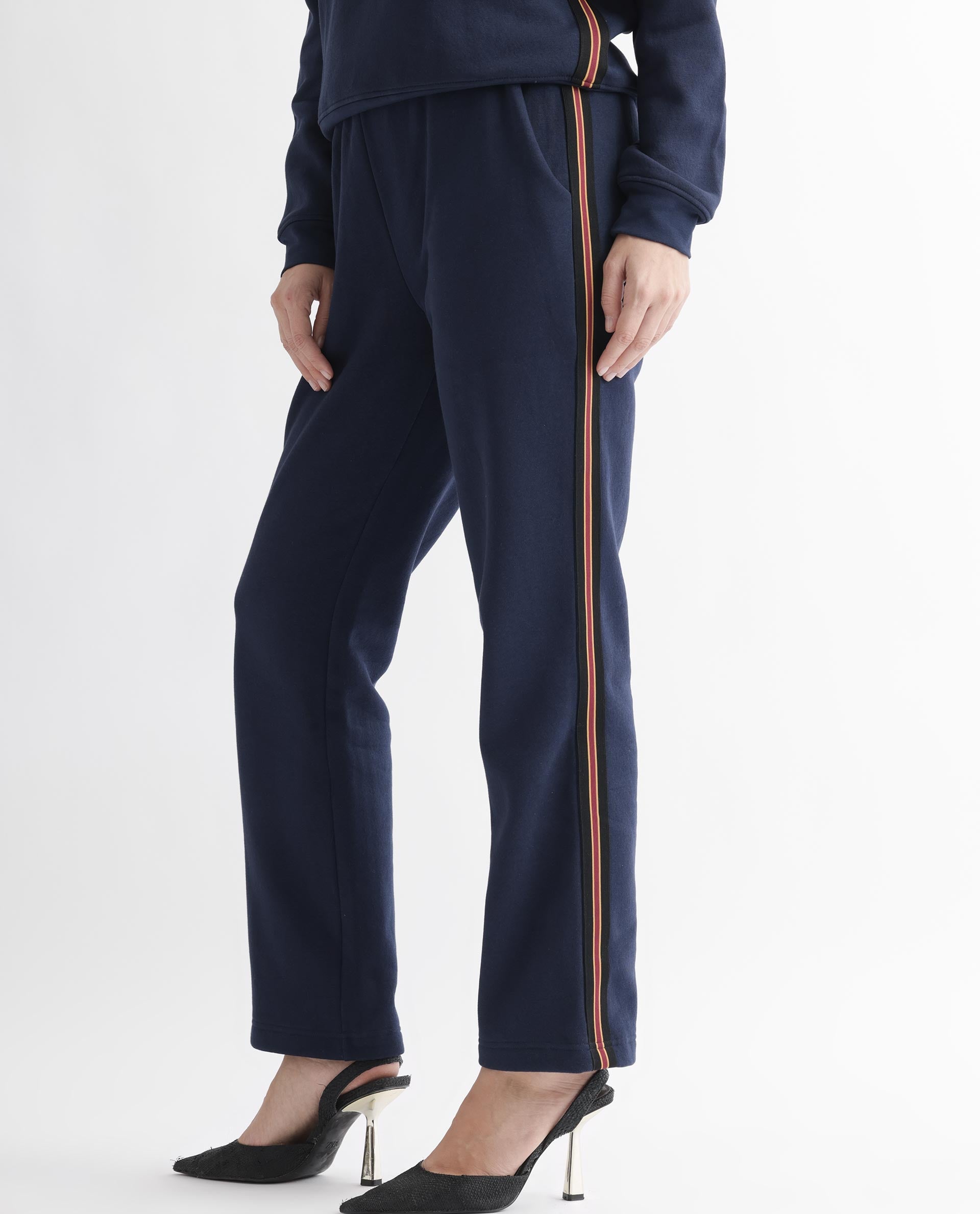 Rareism Women Fronk Navy Poly Cotton Fabric Tailored Fit Solid Mid Rise Ankle Length Track Pant