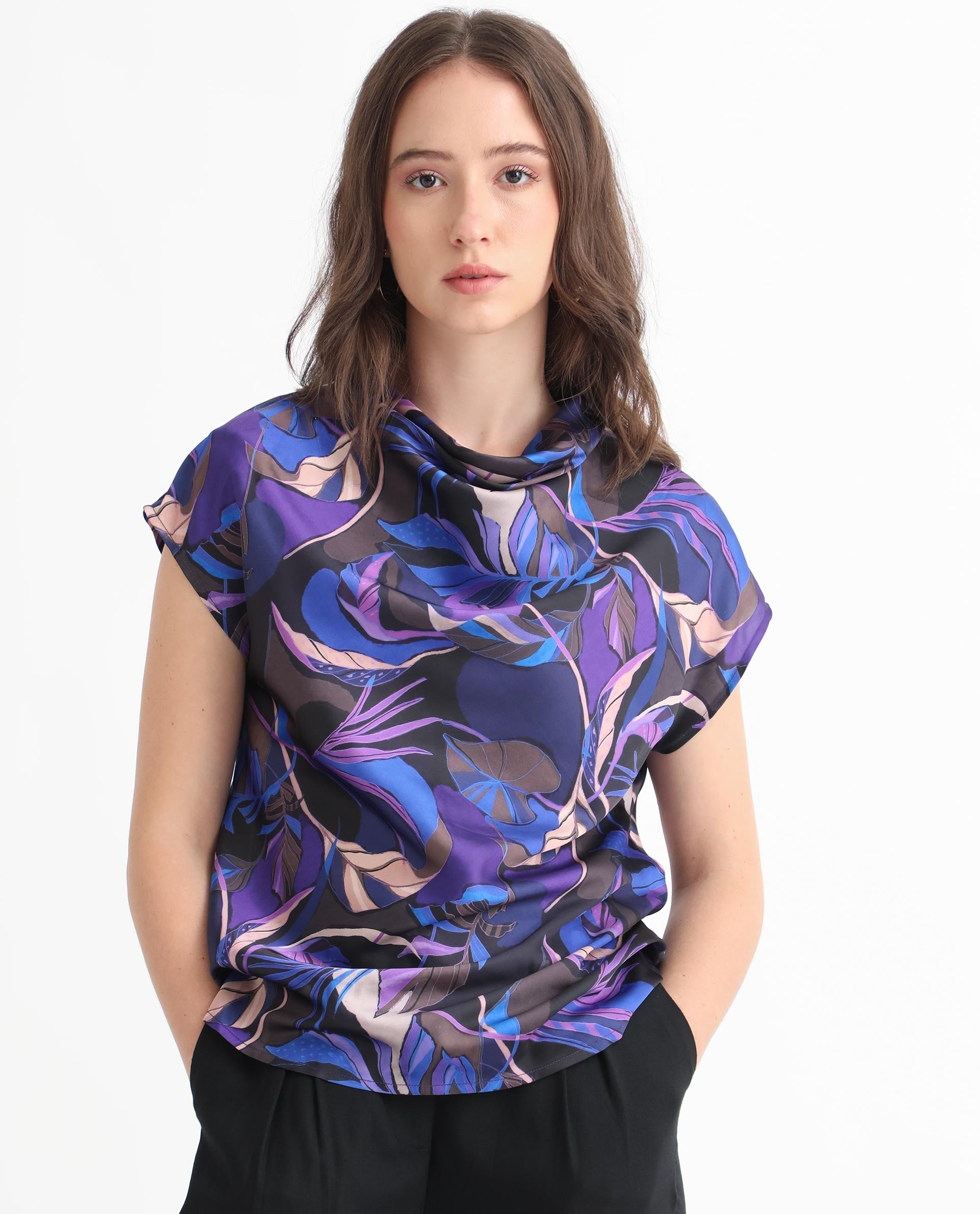 Rareism Women Arturo Dark Blue Polyester Fabric Regular Fit Cowl Neck Sleeveless Floral Print Top