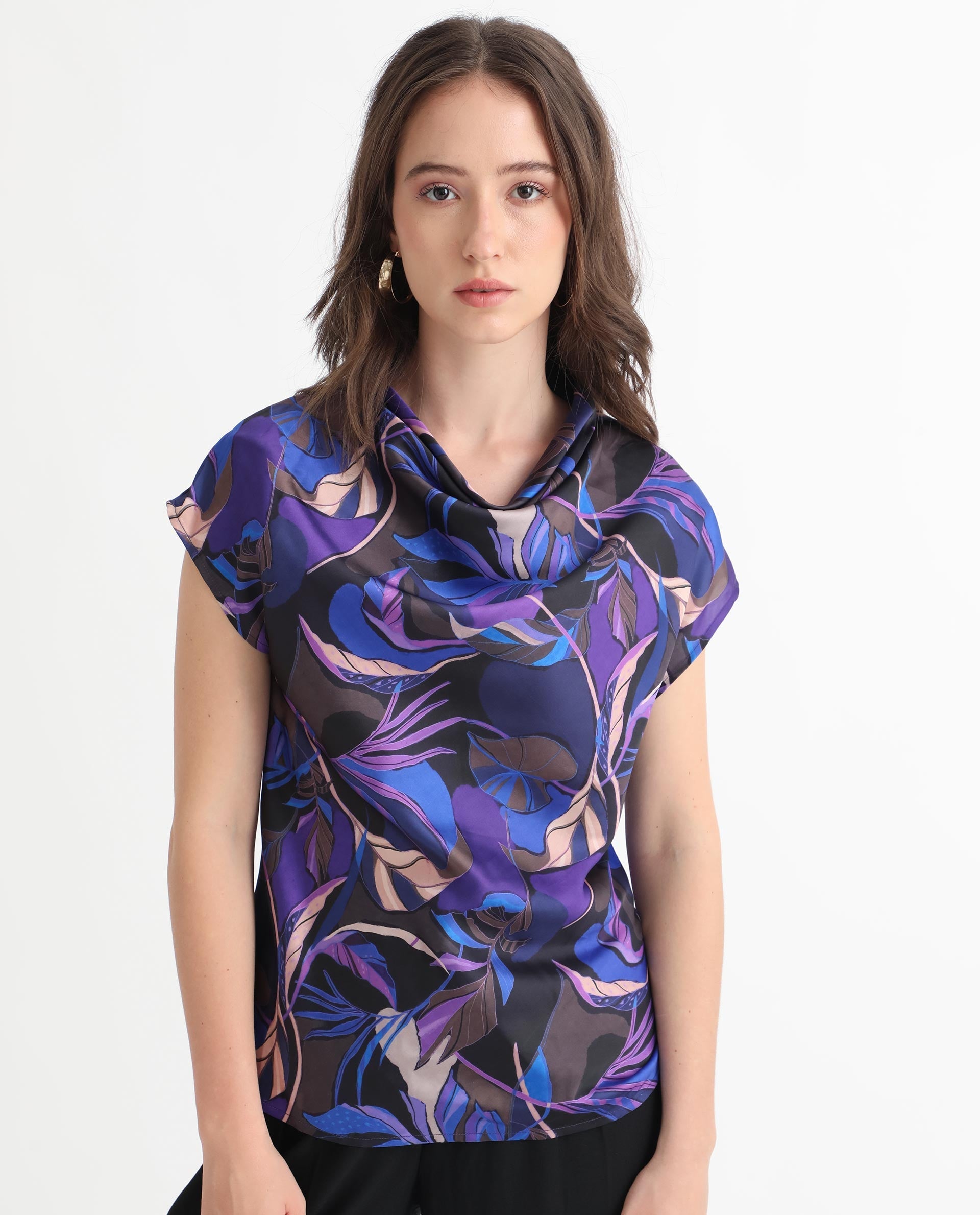 Rareism Women Arturo Dark Blue Polyester Fabric Regular Fit Cowl Neck Sleeveless Floral Print Top