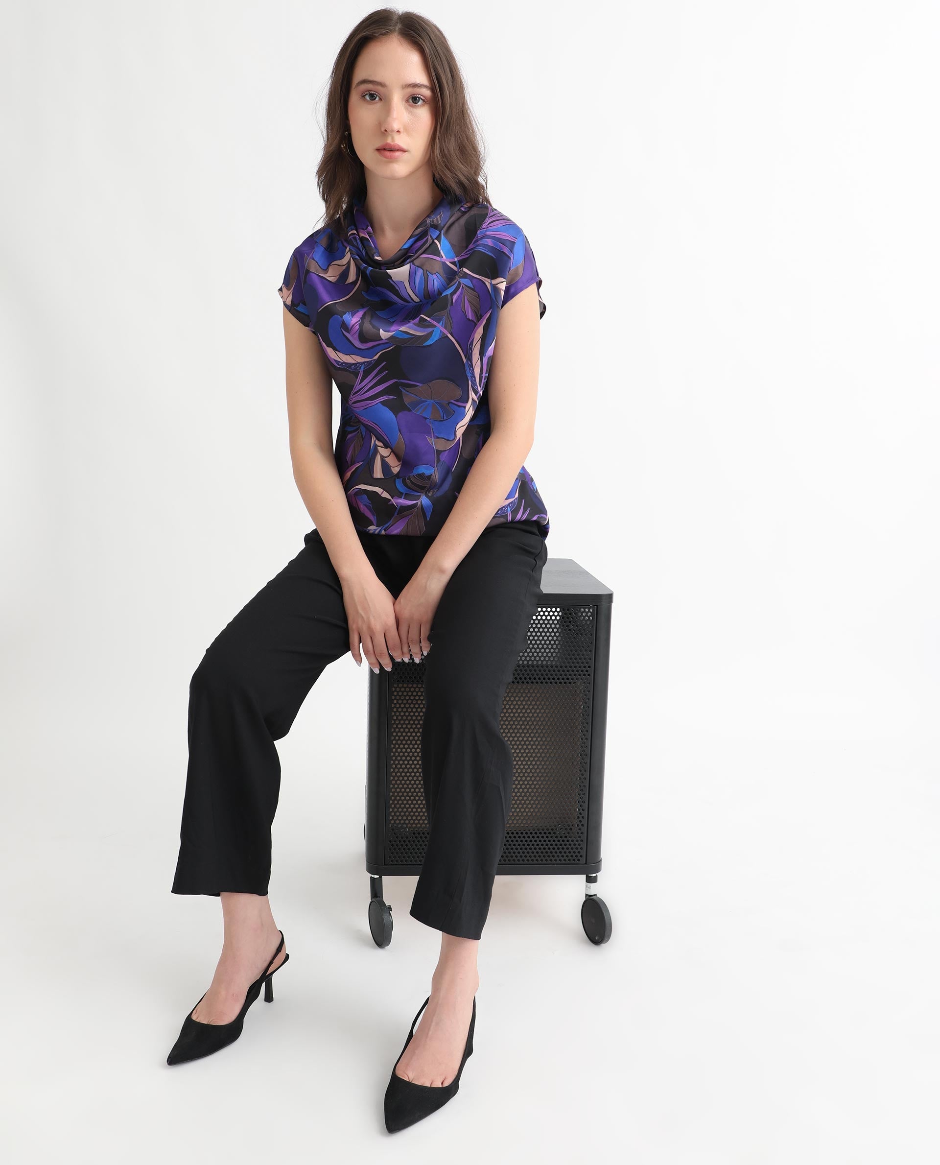 Rareism Women Arturo Dark Blue Polyester Fabric Regular Fit Cowl Neck Sleeveless Floral Print Top