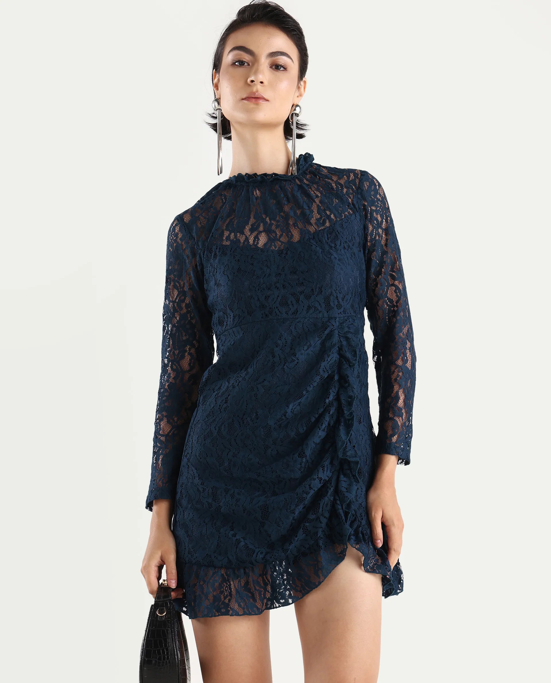 Rareism Women's Artvin Petrol Polyester Sweetheart Neck Plain Knee Length Fitted Dress