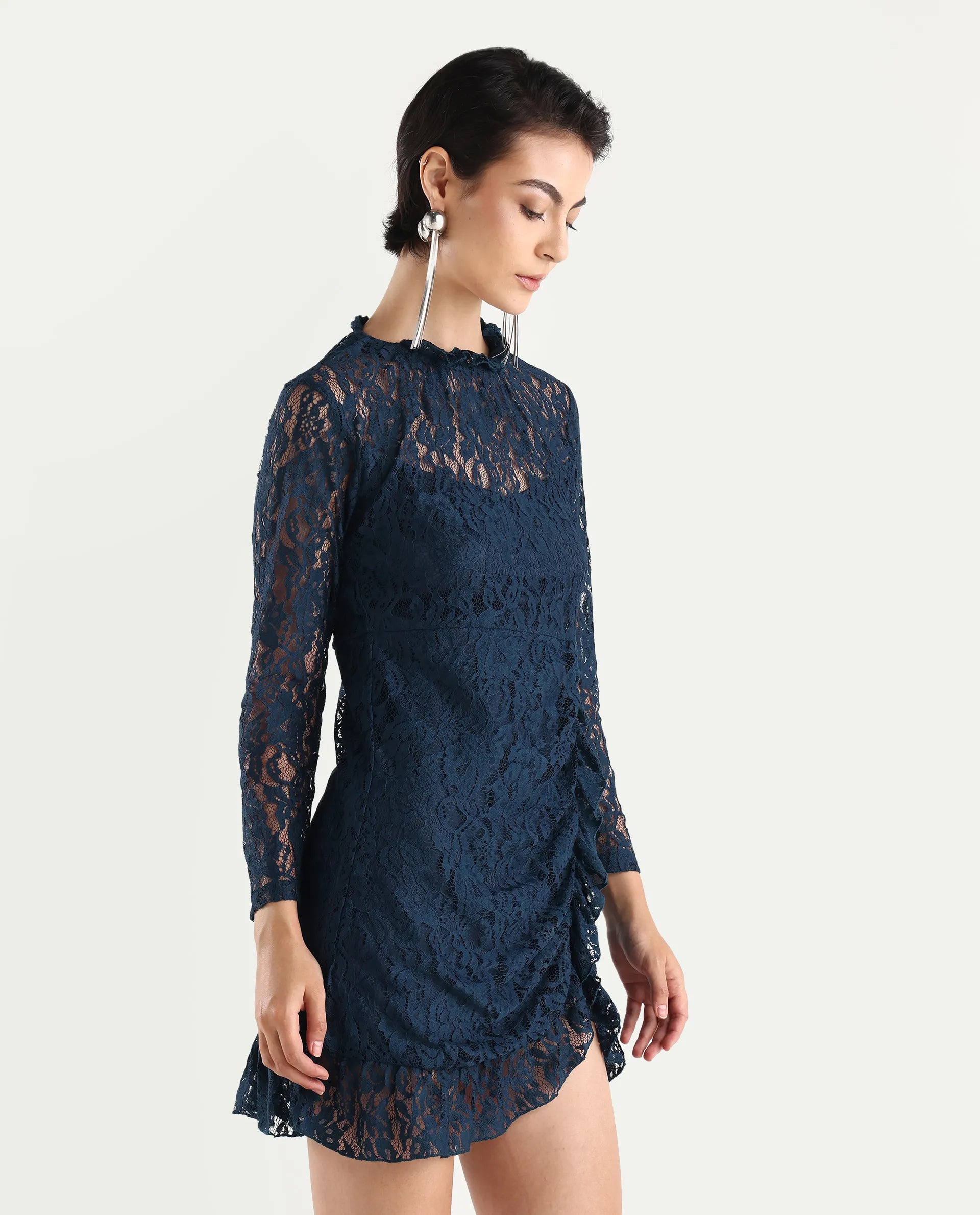 Rareism Women's Artvin Petrol Polyester Sweetheart Neck Plain Knee Length Fitted Dress