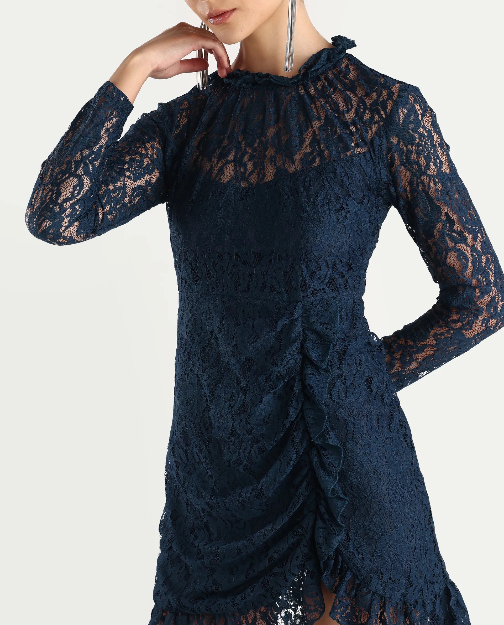 Rareism Women's Artvin Petrol Polyester Sweetheart Neck Plain Knee Length Fitted Dress