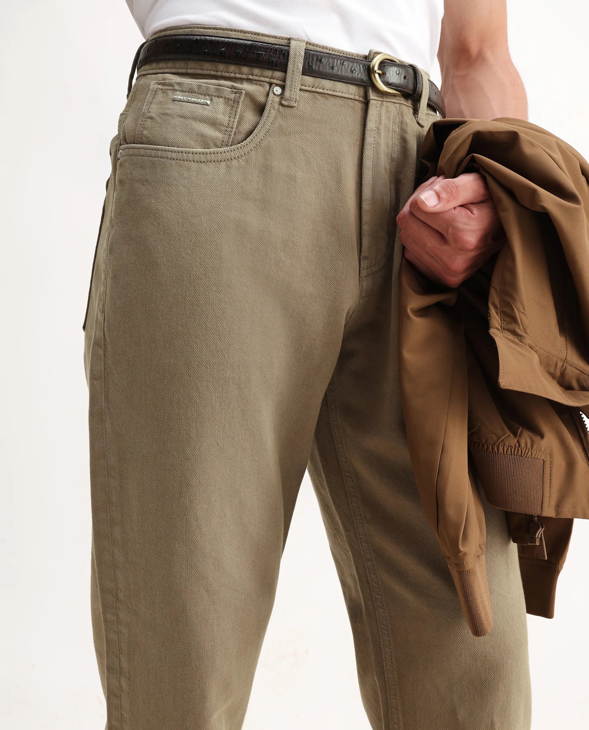 Rare Rabbit Men's Arvi-2 Olive Cotton Blend Plain Dond Carrot Fit Jeans