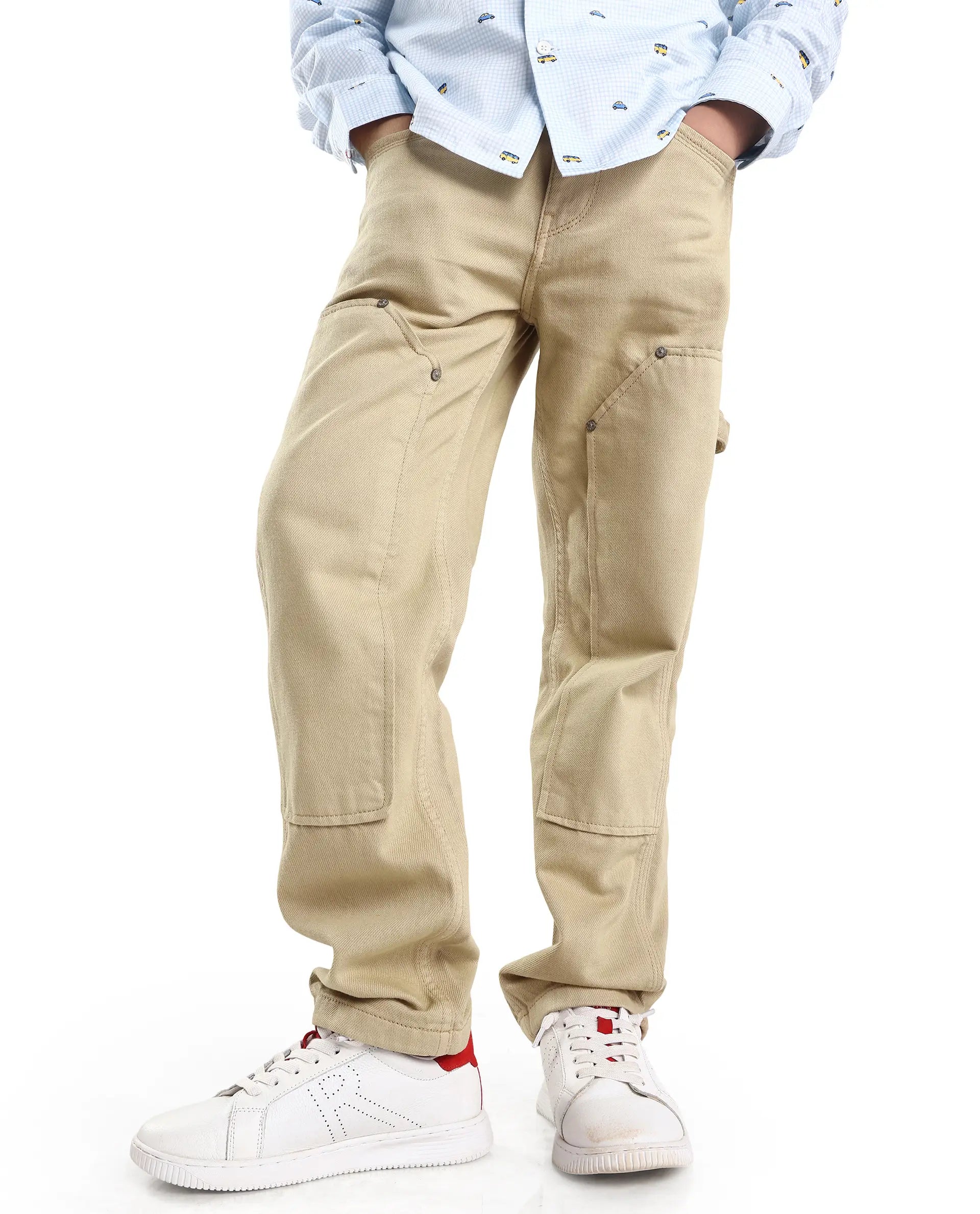 Rare Ones Kids Arvi-K Beige Cotton Button And Zip Carpenter Fit Denim Pant