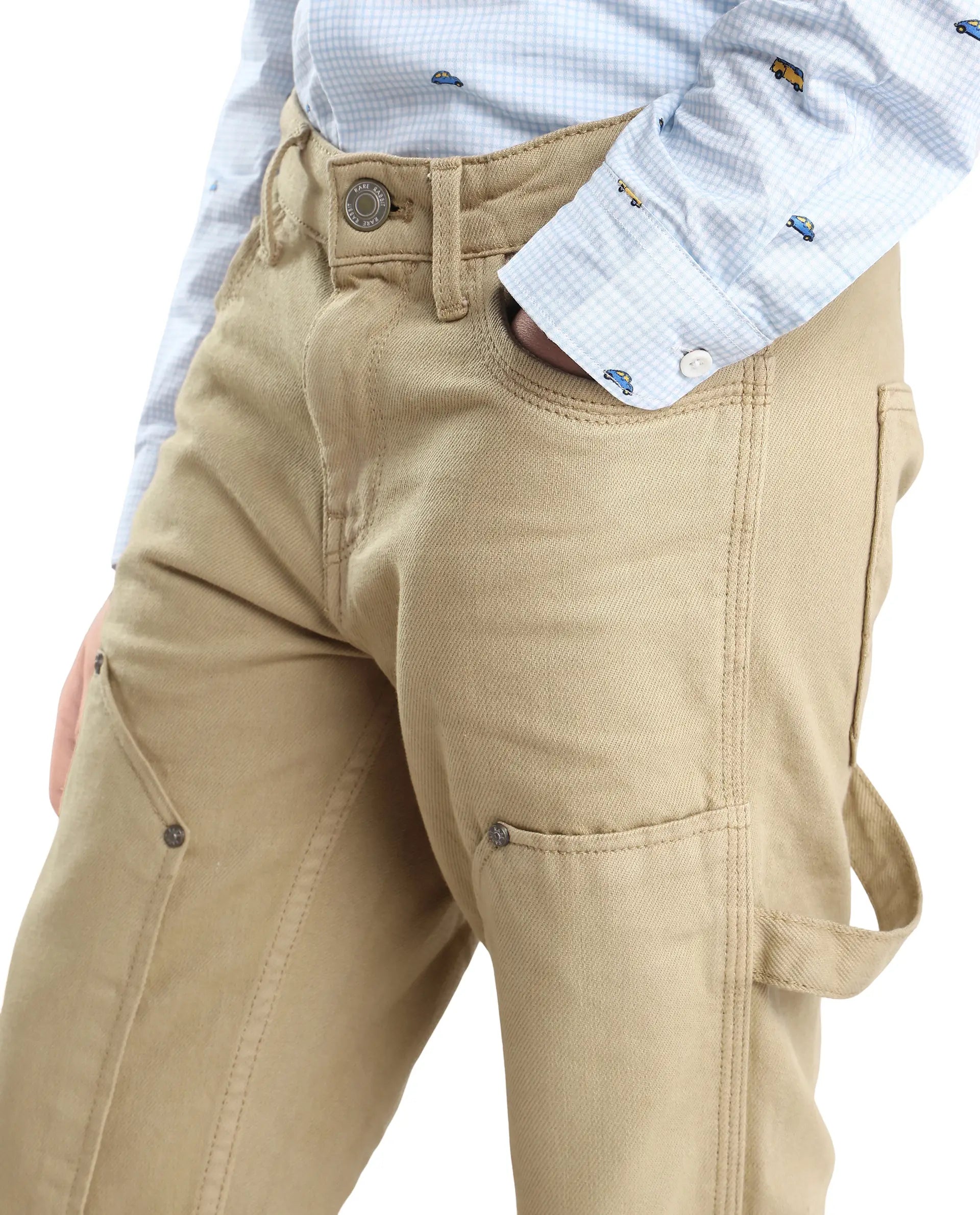 Rare Ones Kids Arvi-K Beige Cotton Button And Zip Carpenter Fit Denim Pant