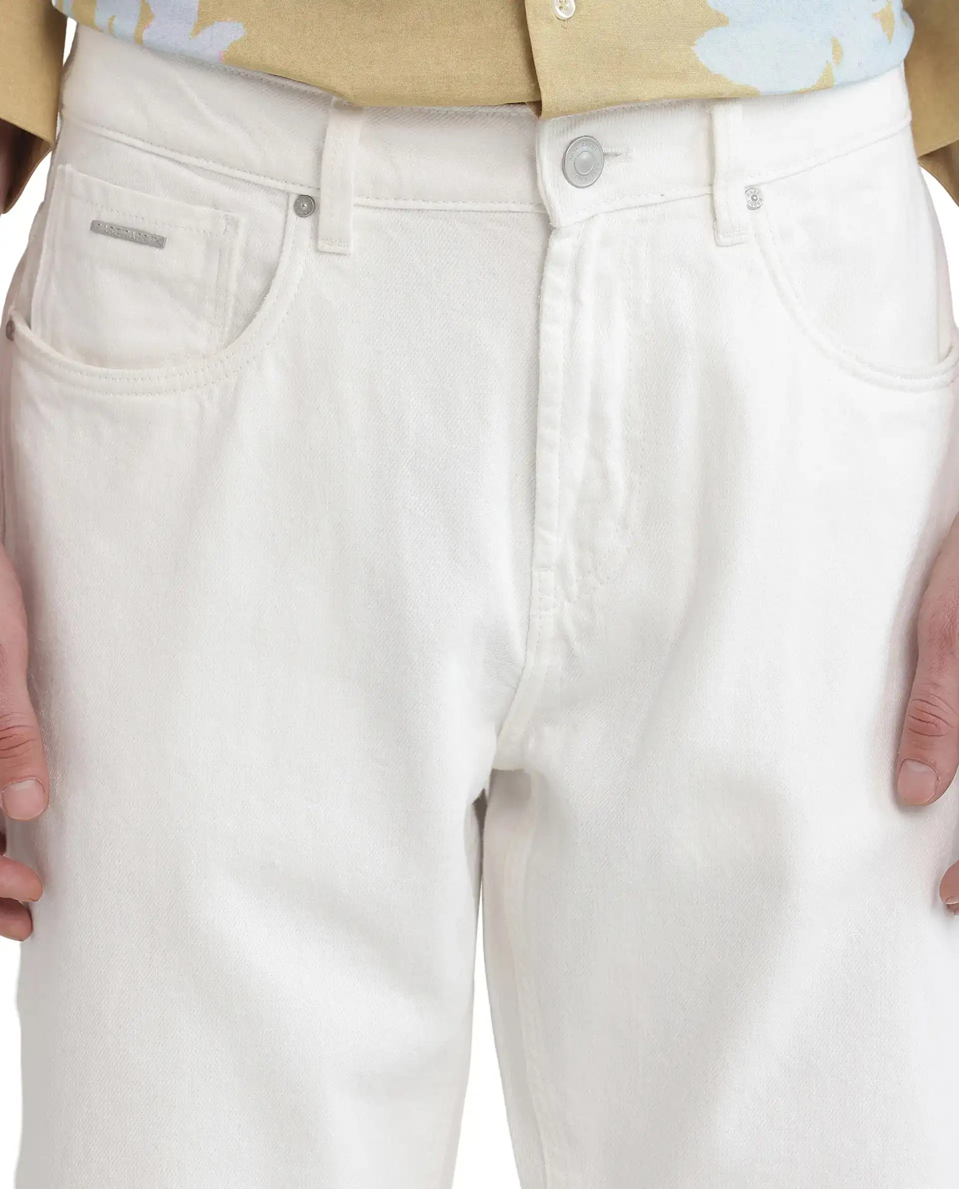 Rare Rabbit Men's Arvi Off White Cotton Plain Dond Carrot Fit Jeans