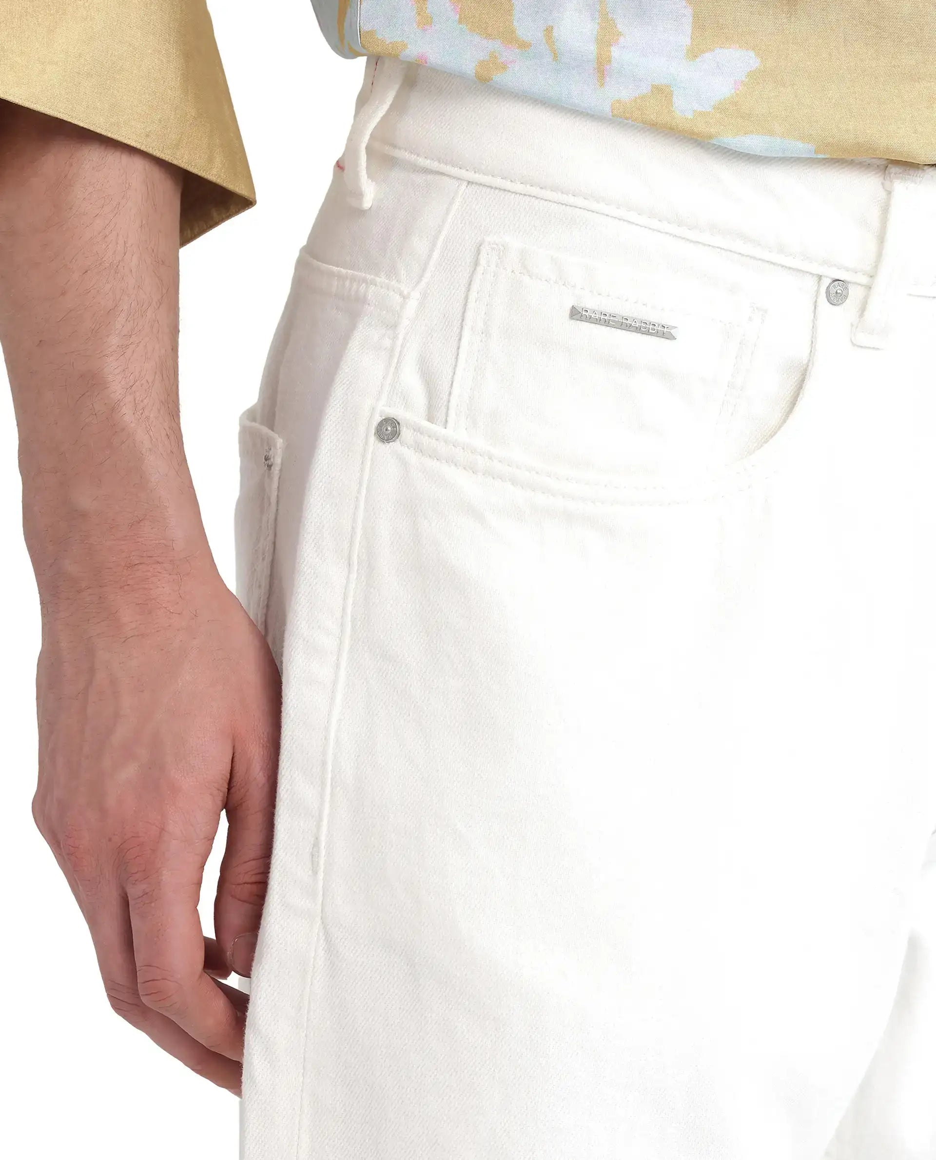 Rare Rabbit Men's Arvi Off White Cotton Plain Dond Carrot Fit Jeans