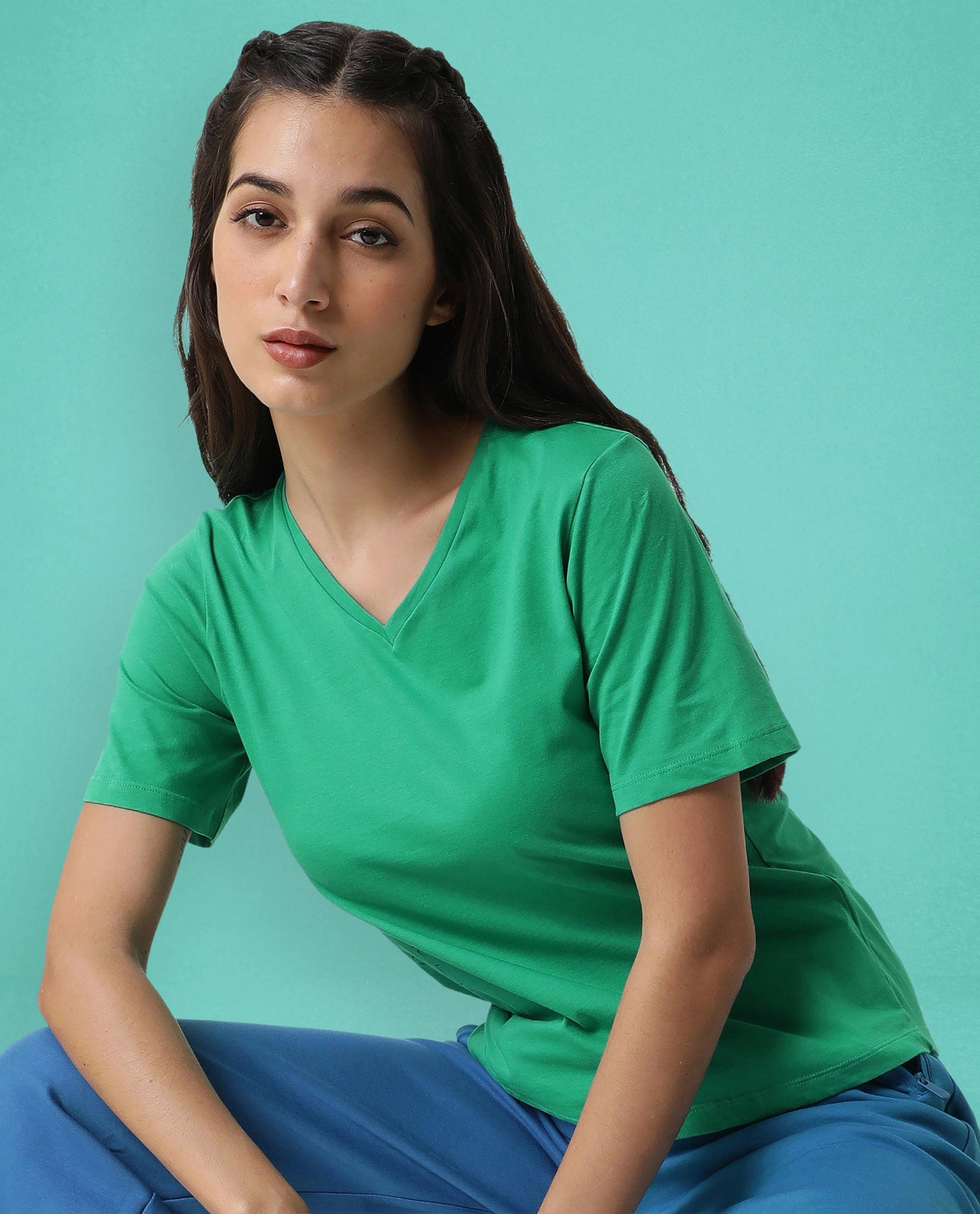 Rareism Women Arvi Green Cotton Blend Fabric Regular Fit Half Sleeves Solid V-Neck T-Shirt