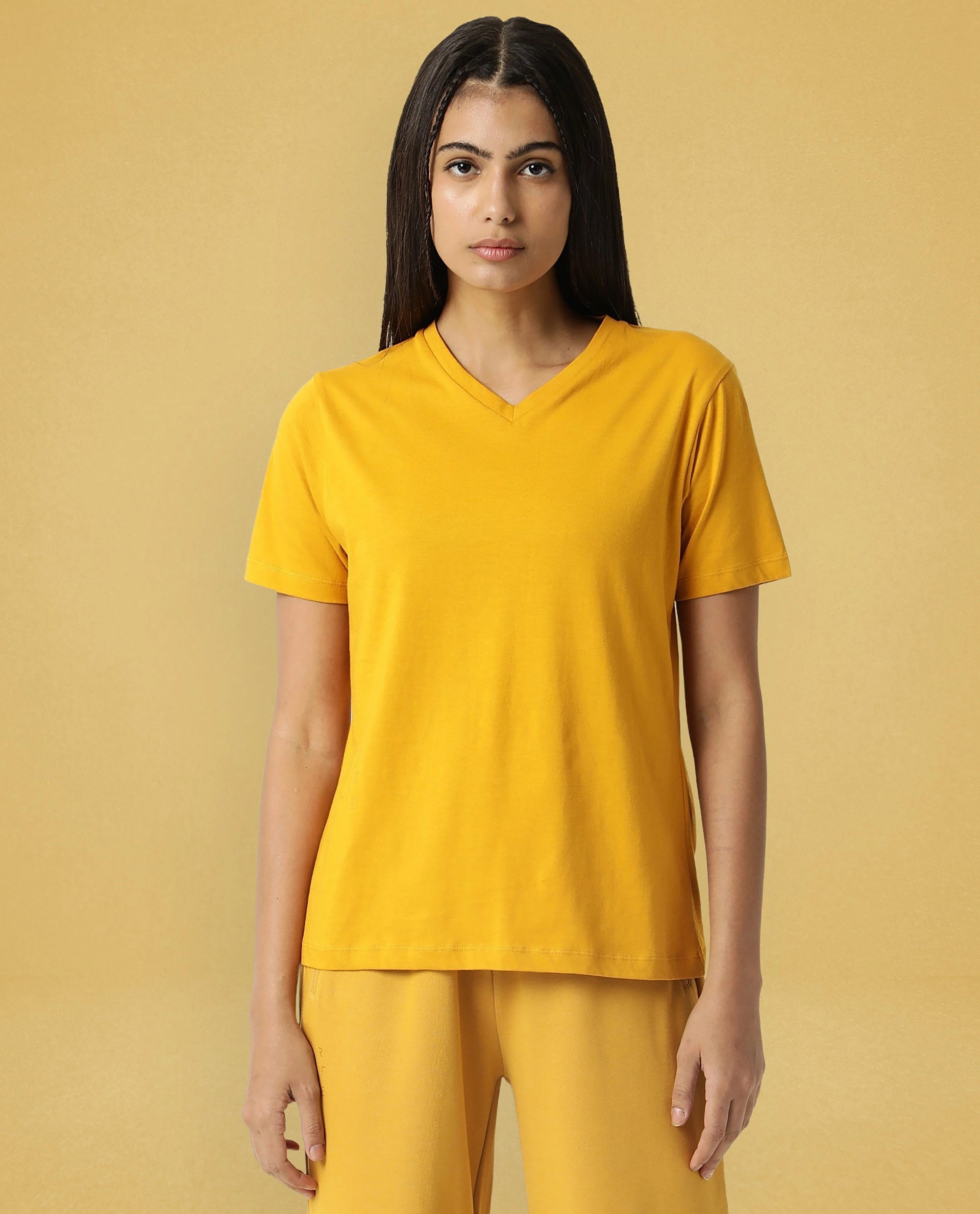 Rareism Women Arvi Mustard Cotton Blend Fabric Regular Fit Half Sleeves Solid V-Neck T-Shirt