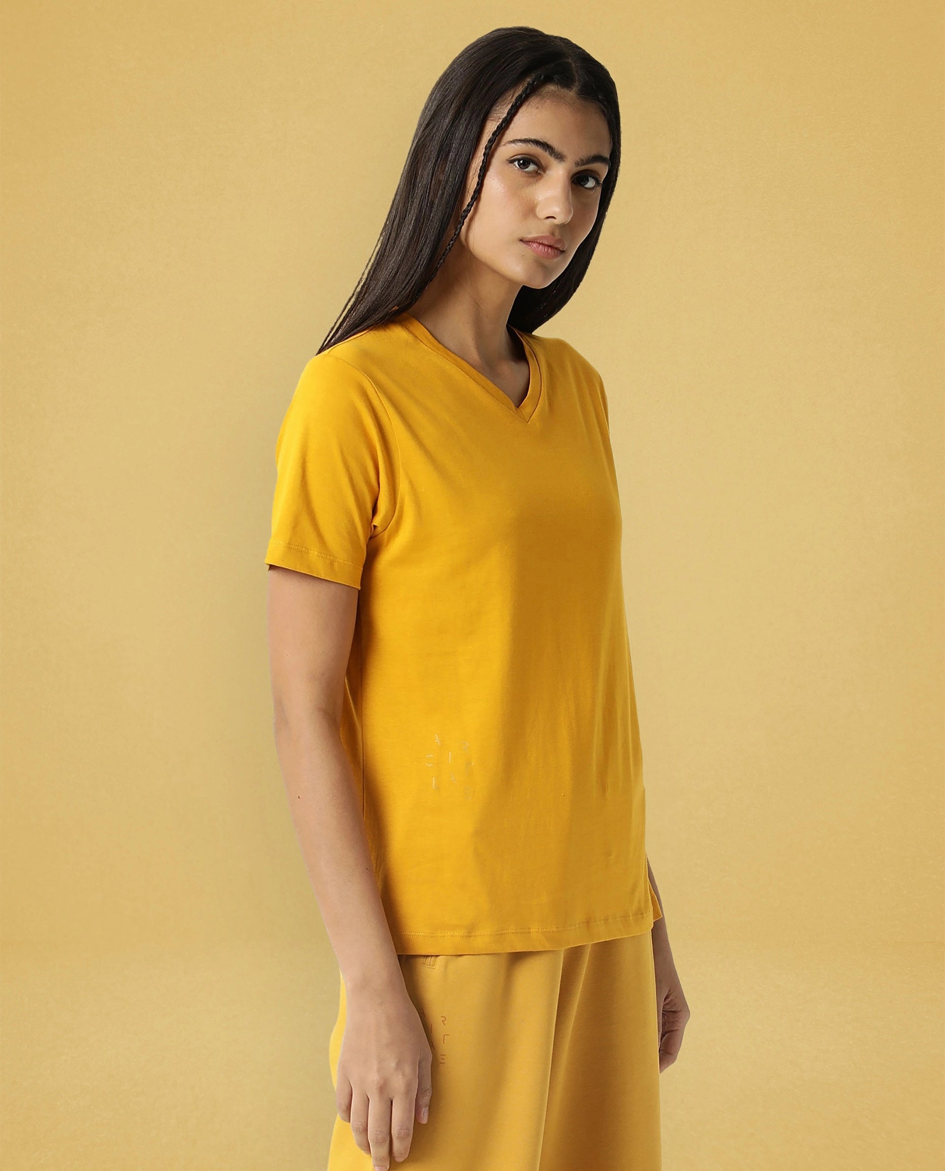 Rareism Women Arvi Mustard Cotton Blend Fabric Regular Fit Half Sleeves Solid V-Neck T-Shirt