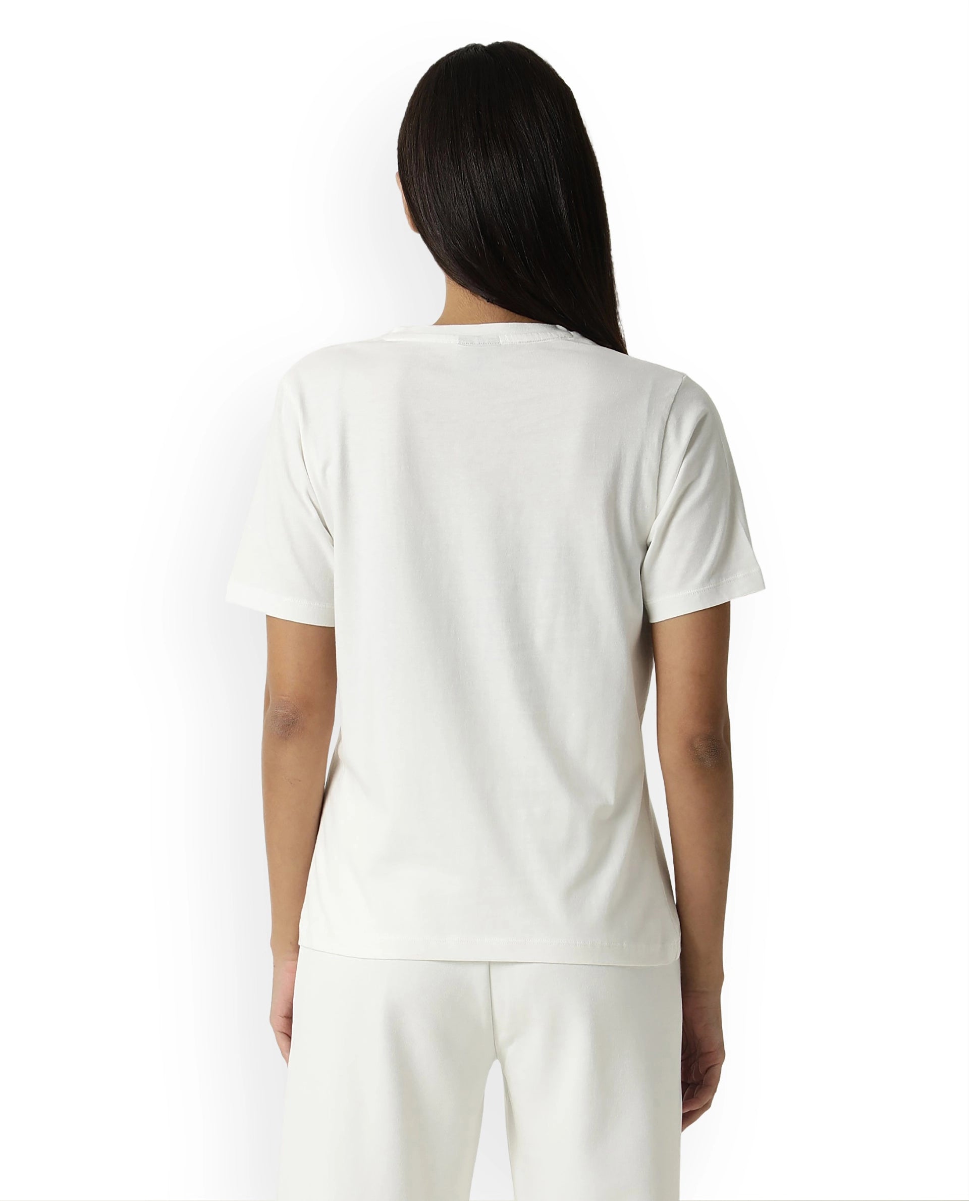 Rareism Women Arvi Off White Cotton Blend Fabric Regular Fit Half Sleeves Solid V-Neck T-Shirt