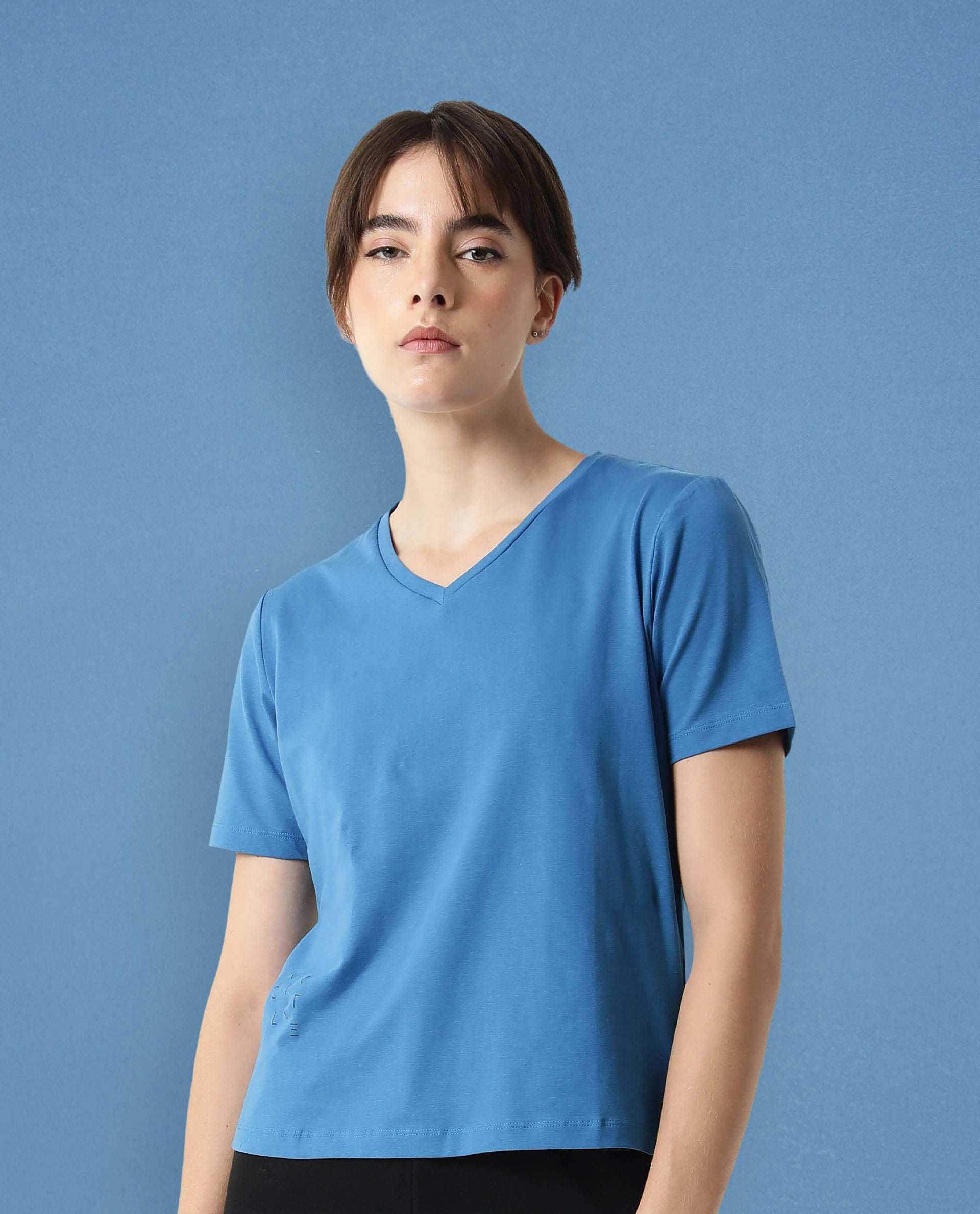 Rareism Women Arvi Petrol Cotton Blend Fabric Regular Fit Half Sleeves Solid V-Neck T-Shirt