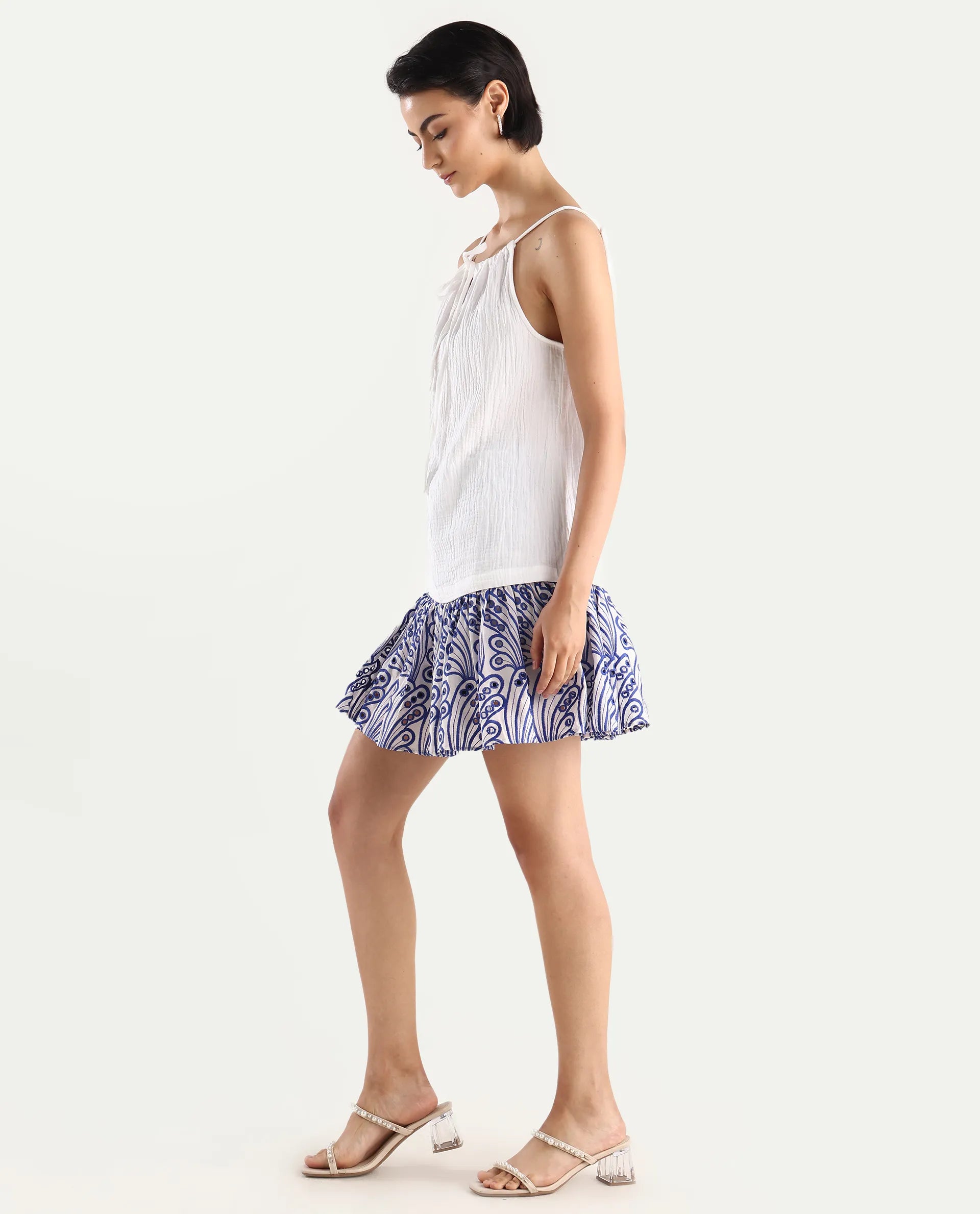 Rareism Women's Asami Blue Cotton Schiffli Mini Fit And Flare Skirt