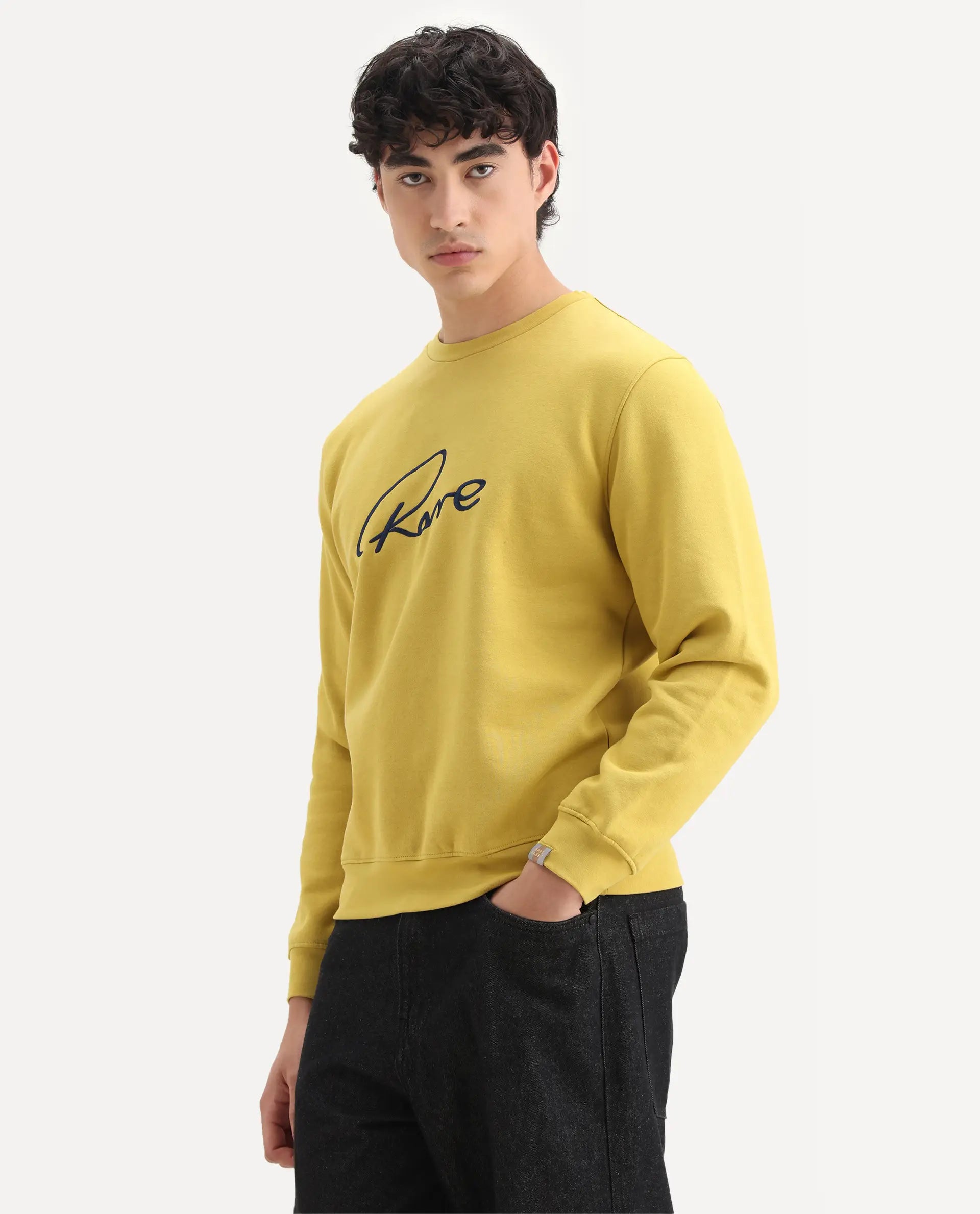 Rare Rabbit Men's Asher Mustard Cotton Embroidered Regular Fit Full Sleeve Crew Neck Sweatshirt