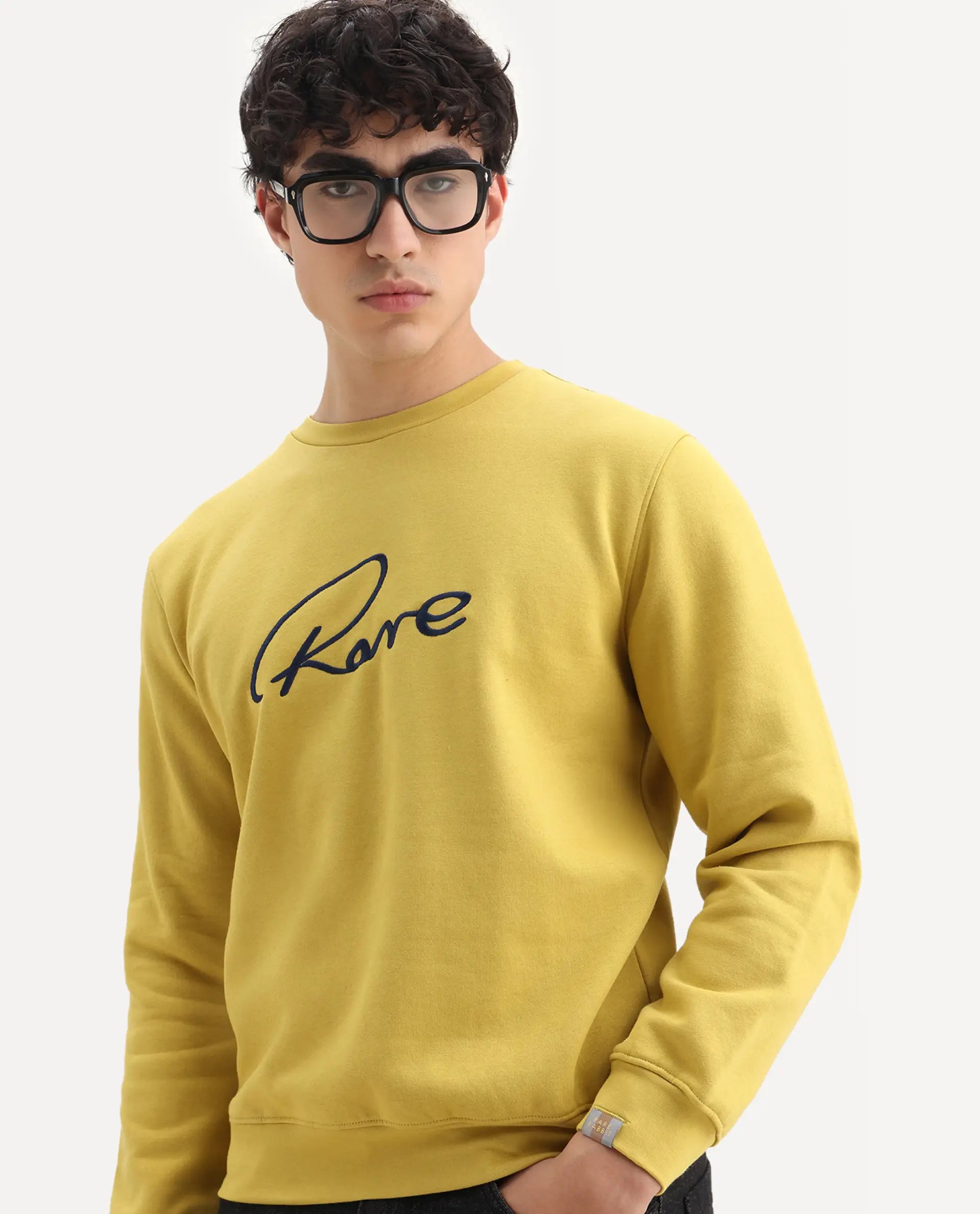 Rare Rabbit Men's Asher Mustard Cotton Embroidered Regular Fit Full Sleeve Crew Neck Sweatshirt
