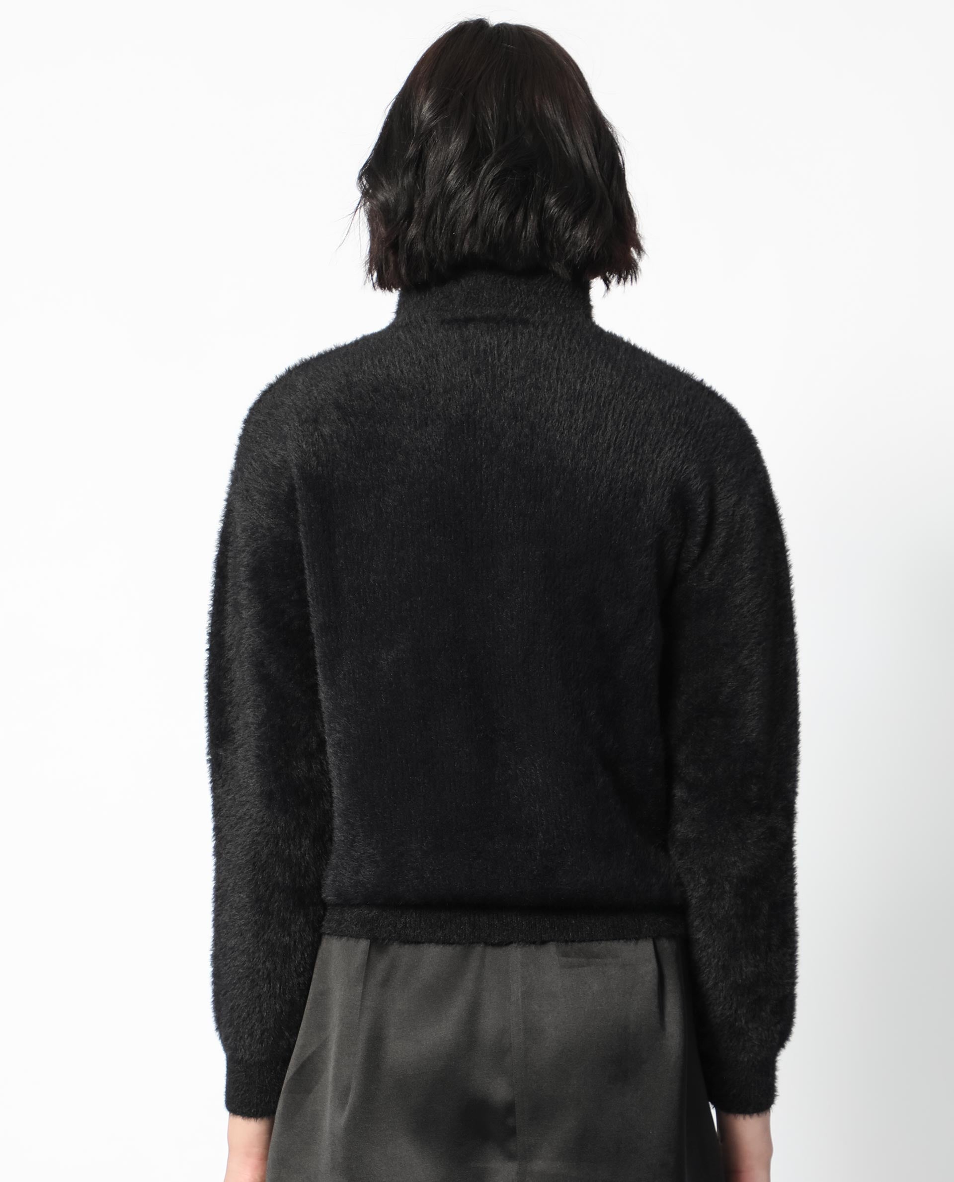 Rareism Women Asser Black Nylon Fabric Full Sleeves Zip Closure Drop Collar Regular Fit Plain Sweater