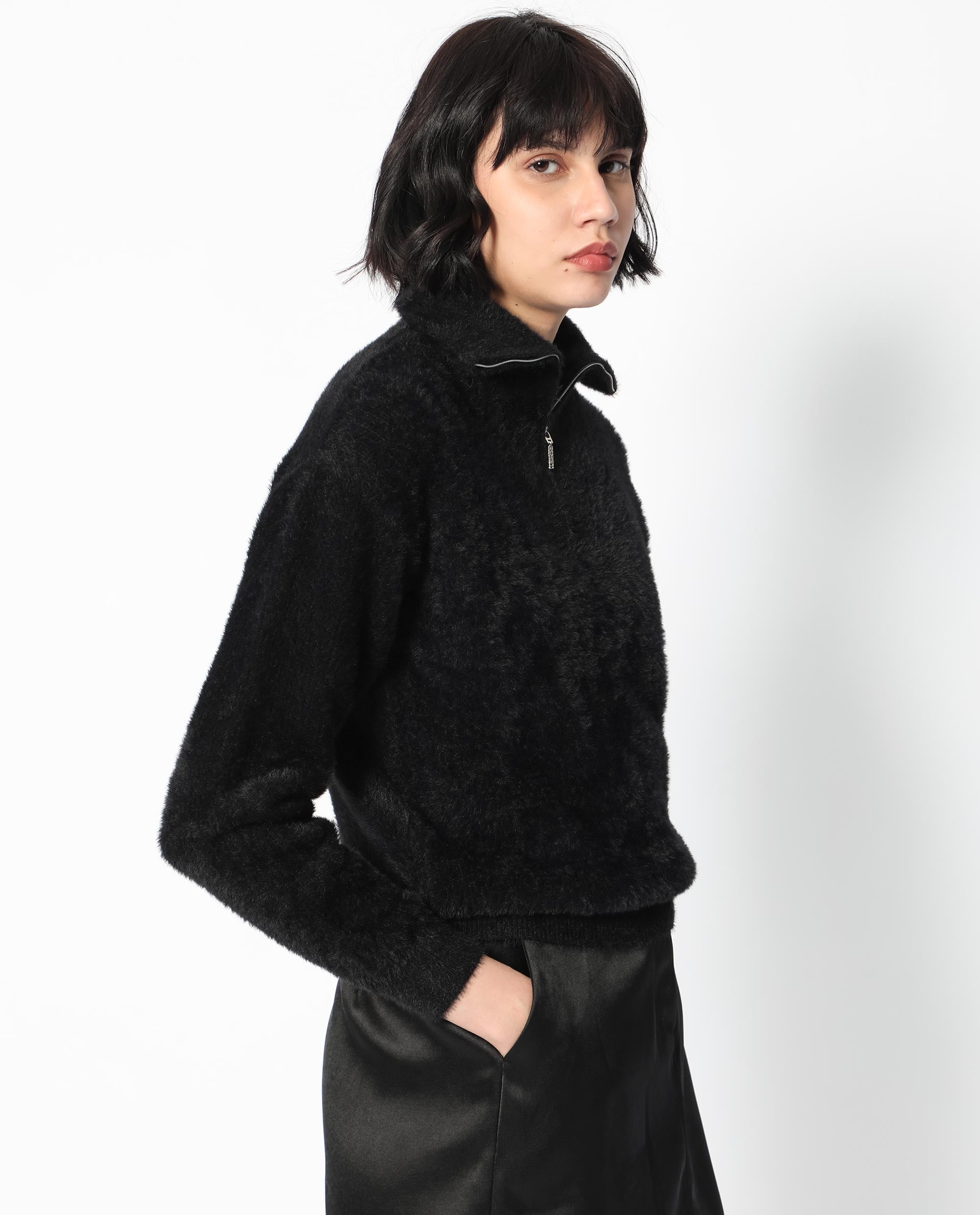 Rareism Women Asser Black Nylon Fabric Full Sleeves Zip Closure Drop Collar Regular Fit Plain Sweater