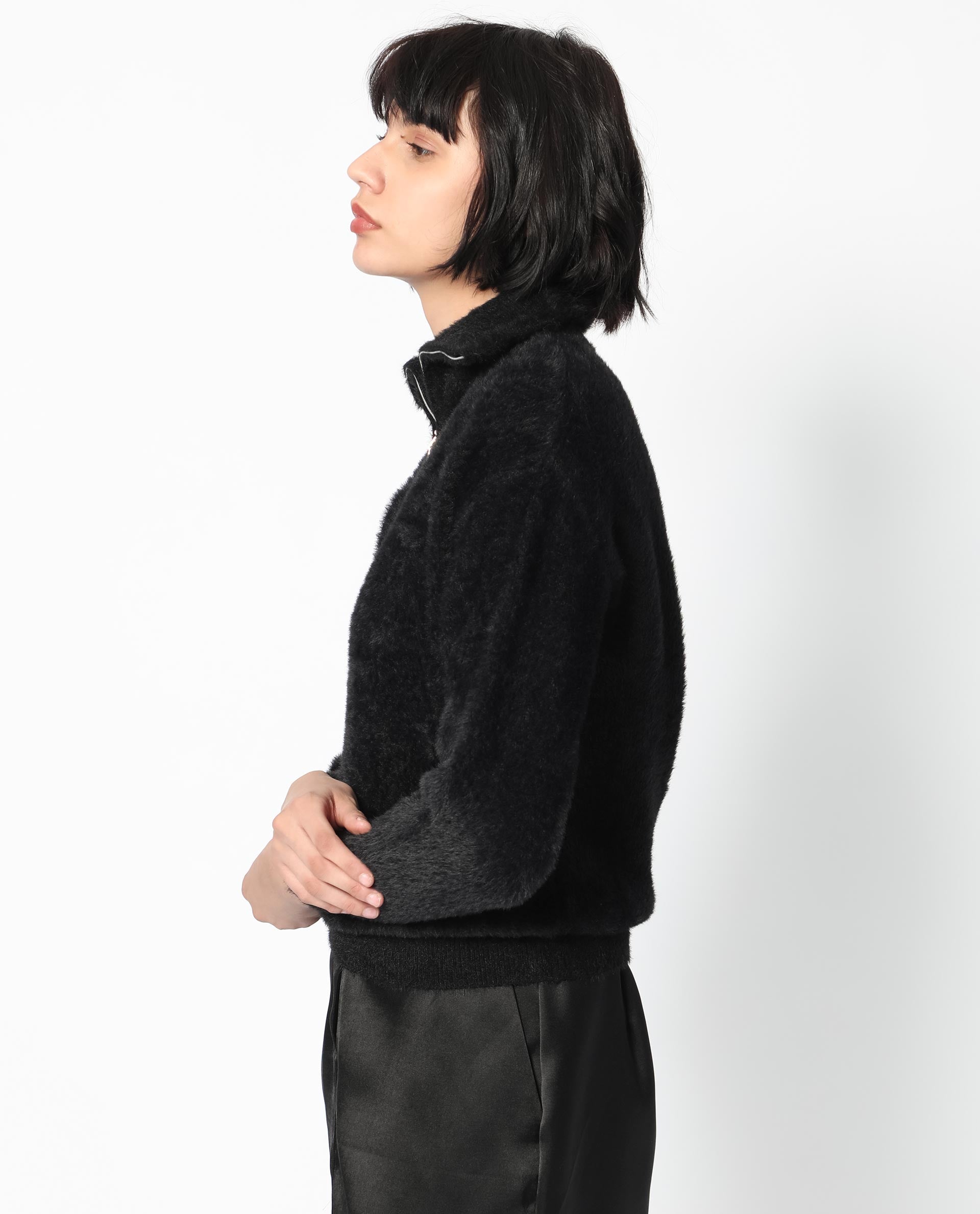 Rareism Women Asser Black Nylon Fabric Full Sleeves Zip Closure Drop Collar Regular Fit Plain Sweater