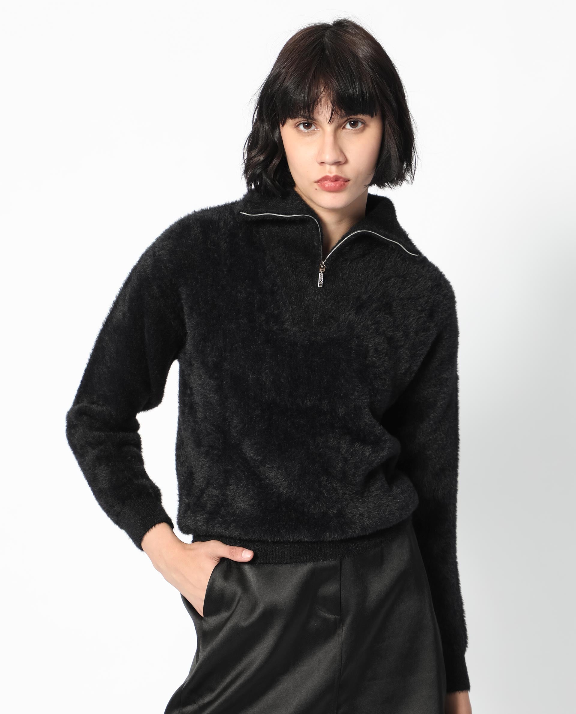 Rareism Women Asser Black Nylon Fabric Full Sleeves Zip Closure Drop Collar Regular Fit Plain Sweater