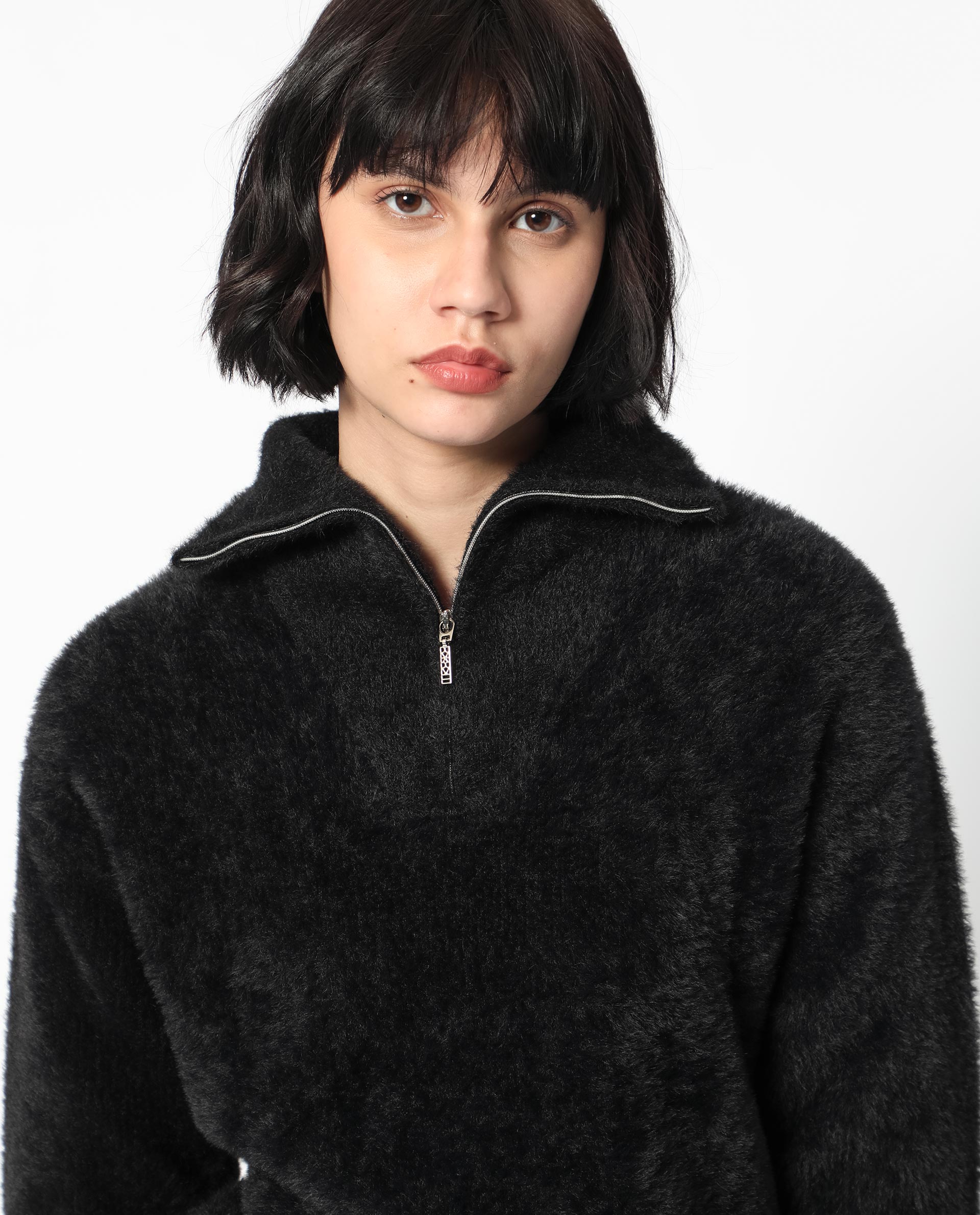 Rareism Women Asser Black Nylon Fabric Full Sleeves Zip Closure Drop Collar Regular Fit Plain Sweater