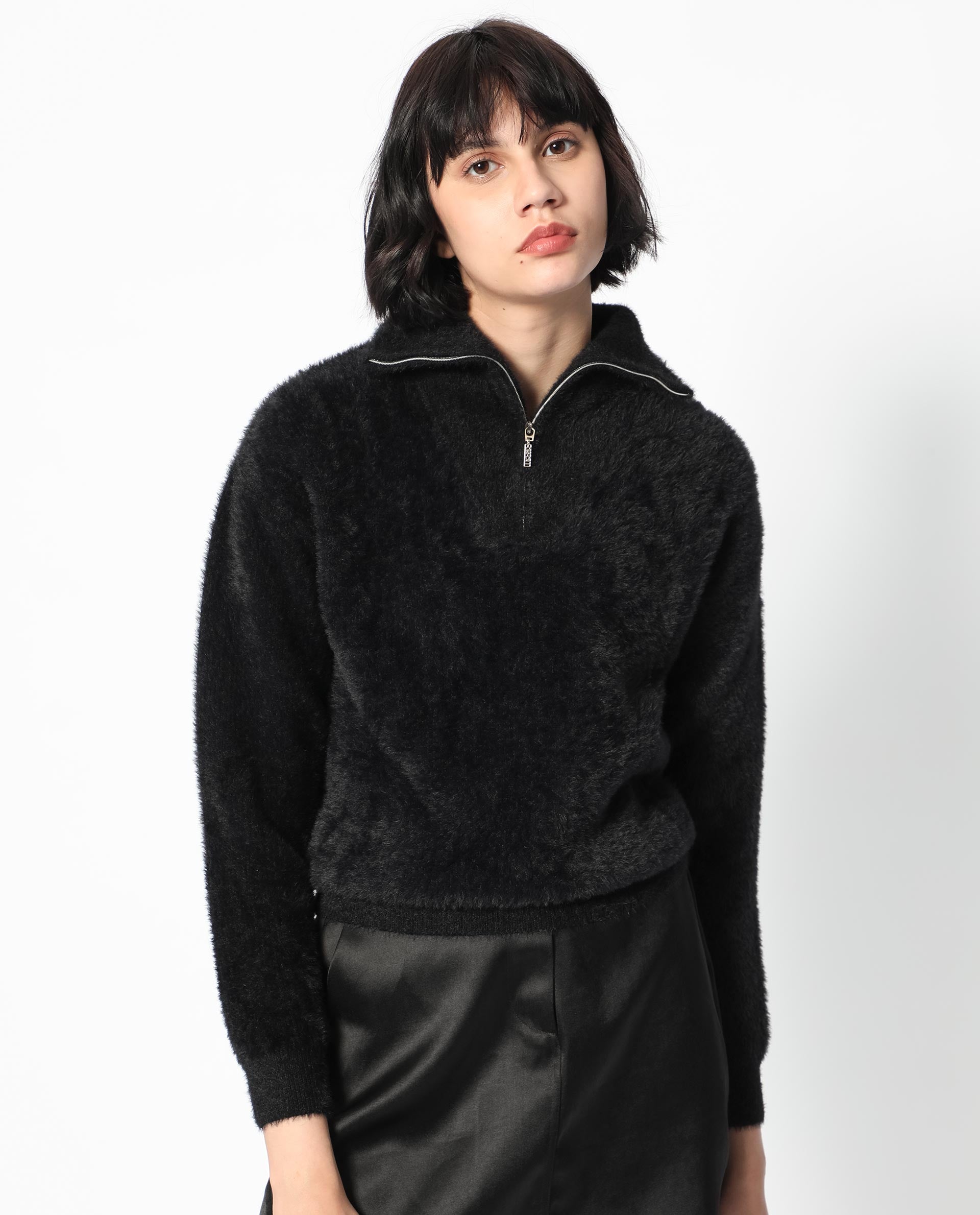 Rareism Women Asser Black Nylon Fabric Full Sleeves Zip Closure Drop Collar Regular Fit Plain Sweater