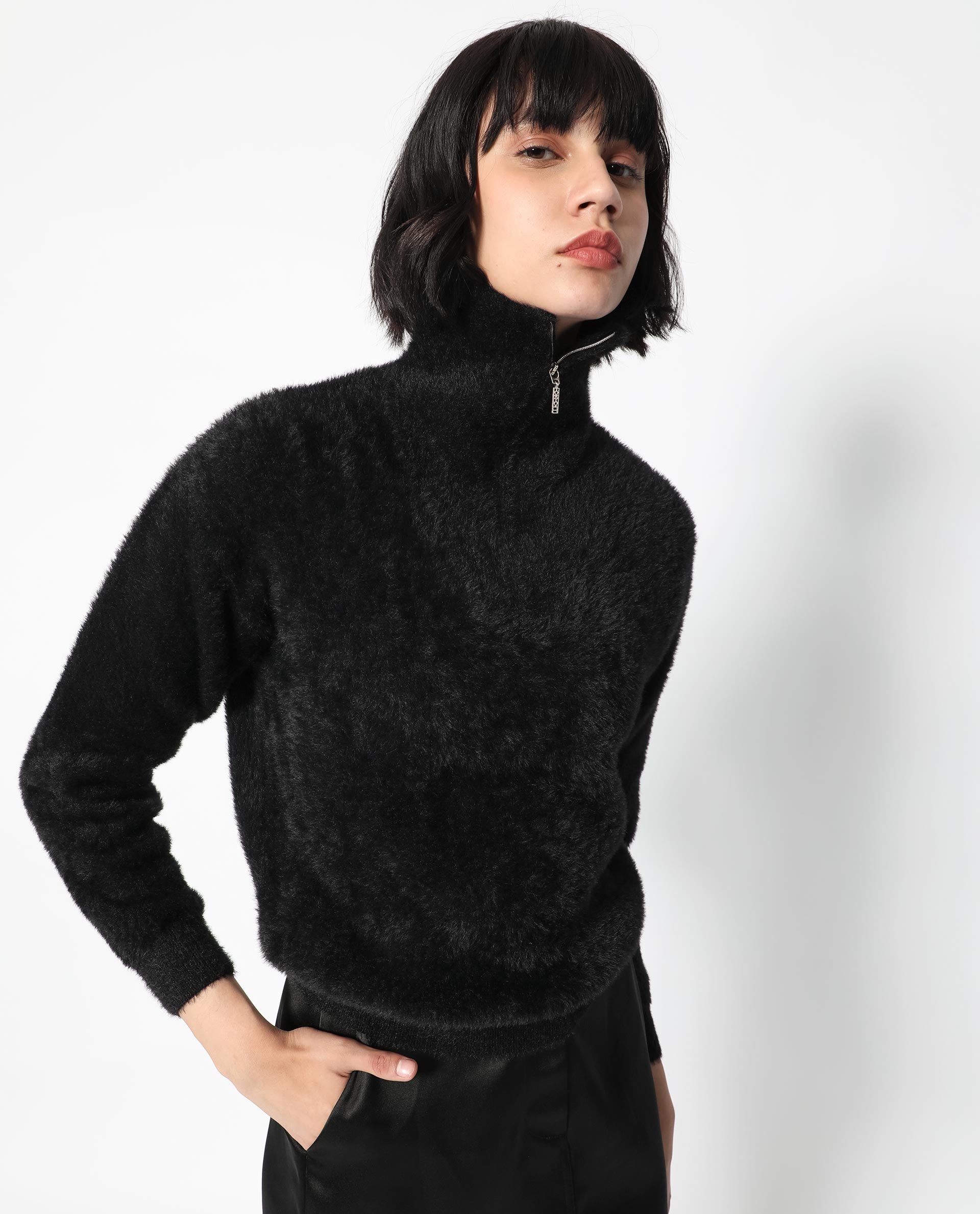 Rareism Women Asser Black Nylon Fabric Full Sleeves Zip Closure Drop Collar Regular Fit Plain Sweater